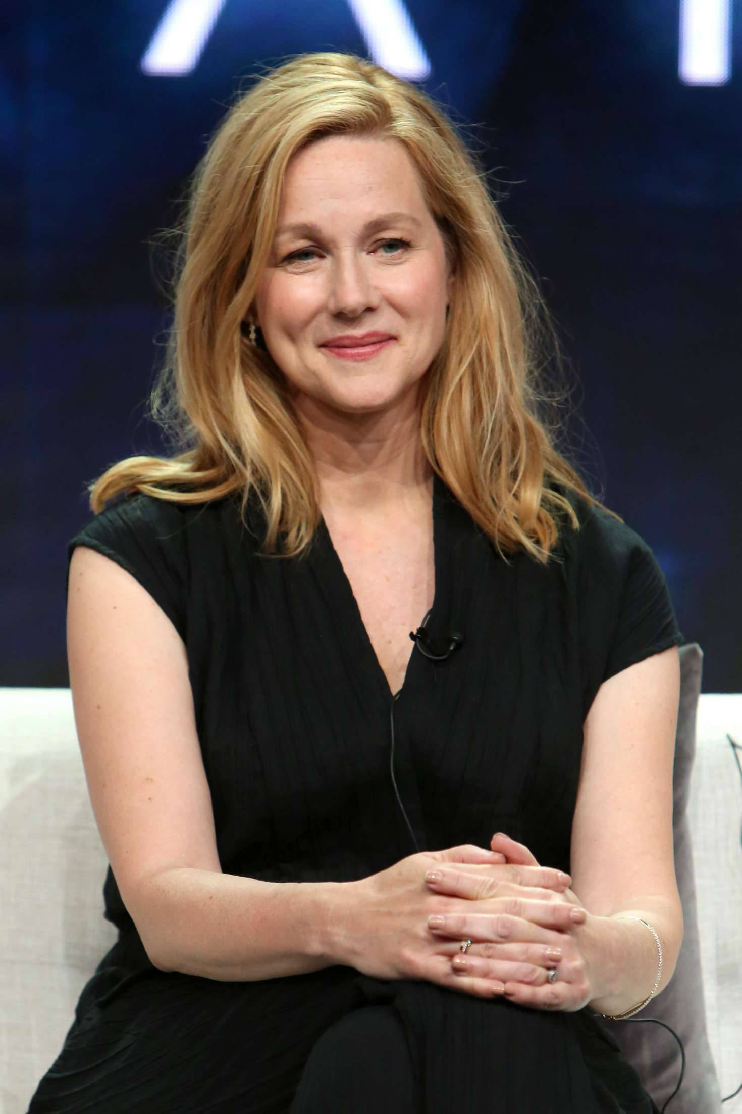 Laura Linney, black dress, dark blue backdrop, Full HD Phone Wallpaper