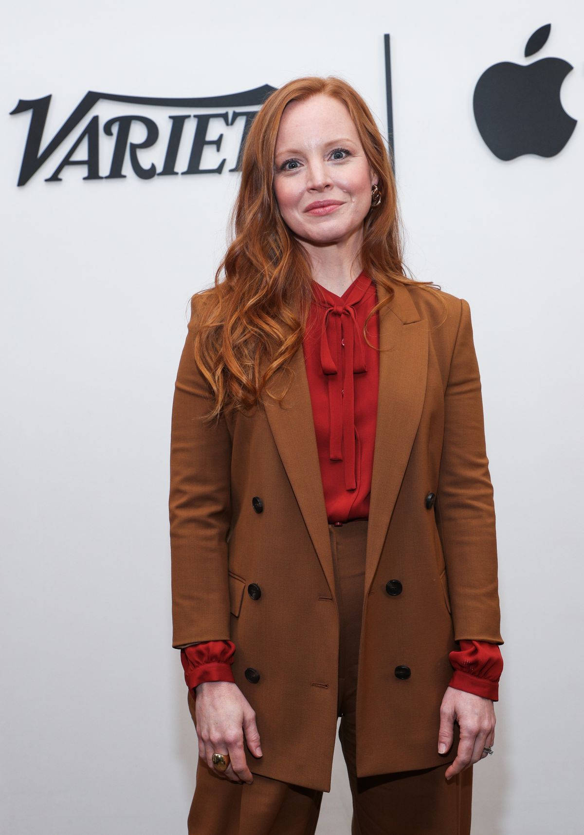 Lauren Ambrose, brown suit, red hair, HD Phone Wallpaper