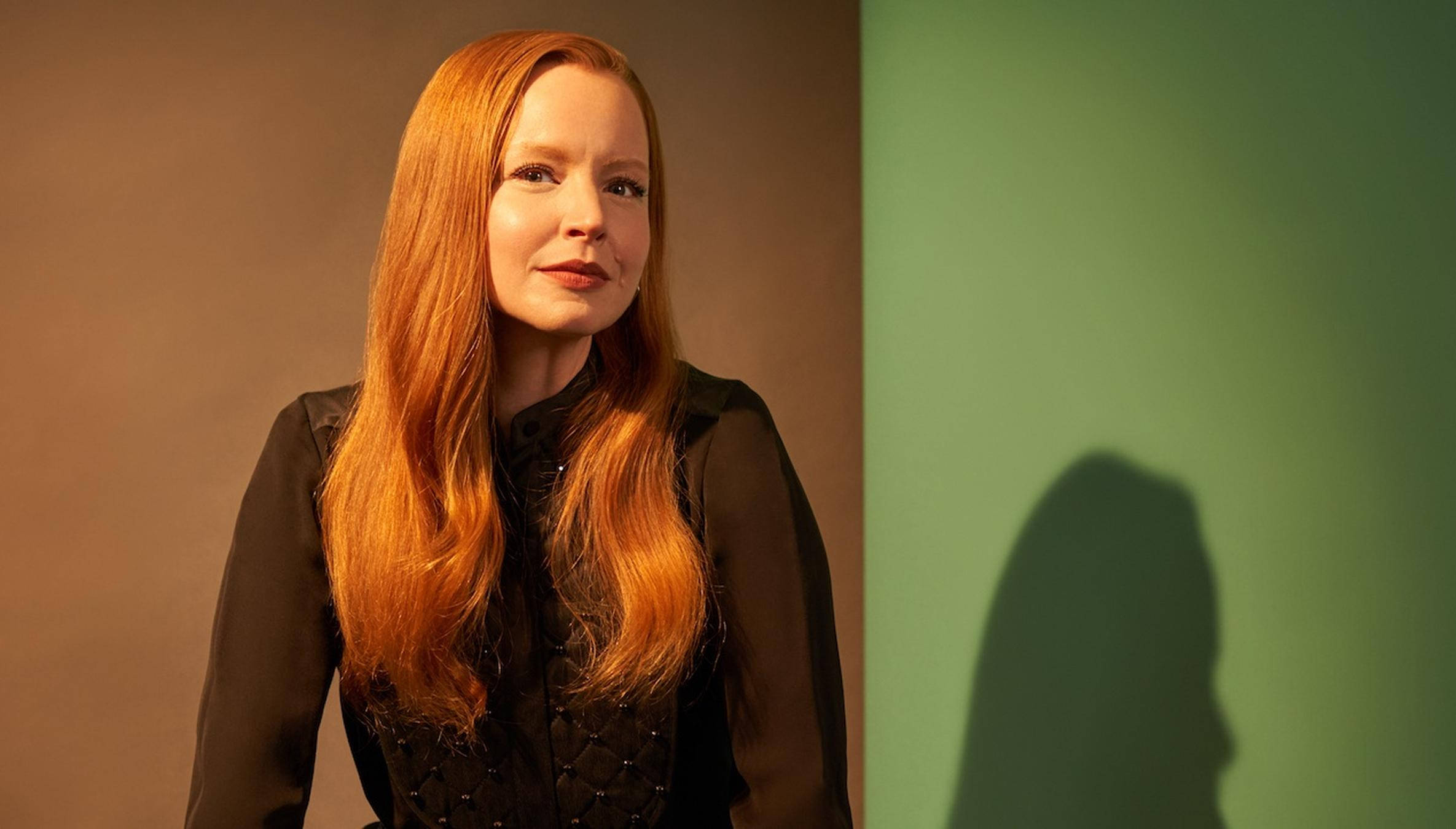 Lauren Ambrose, long red hair, split brown and green wall, Full HD Desktop Wallpaper