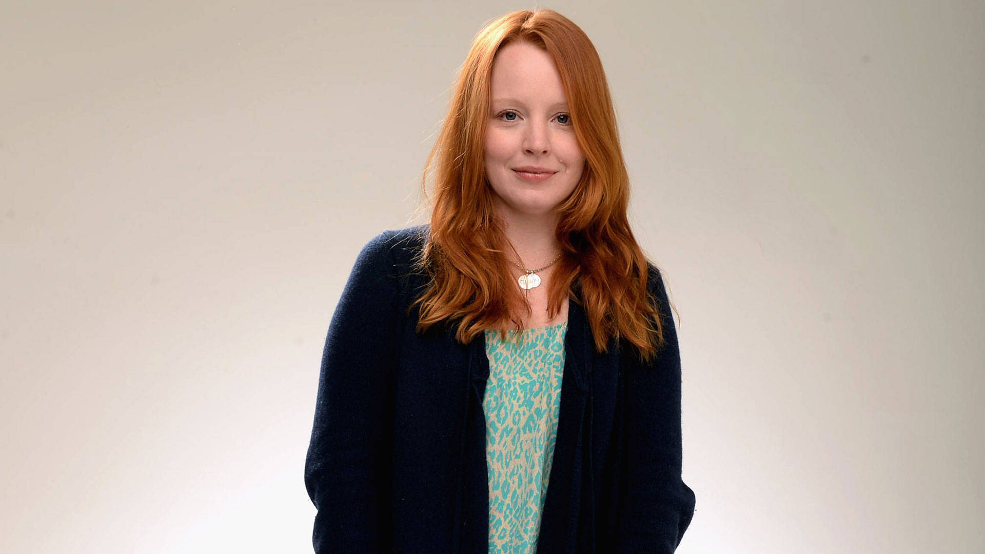 Lauren Ambrose, vibrant red hair, navy cardigan, Full HD Desktop Wallpaper