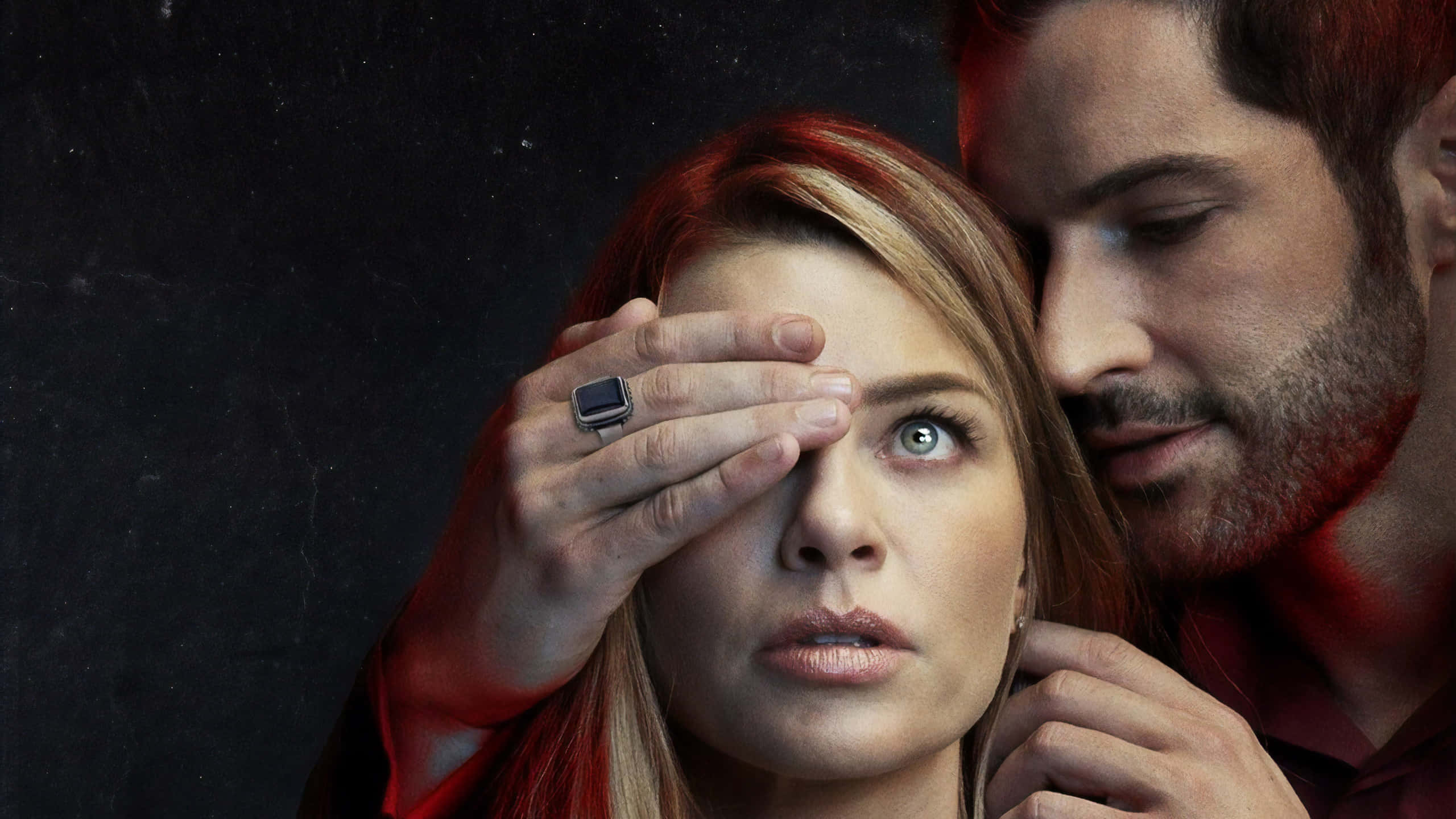 Lauren German, red-tinted skin, dark textured background, 2K Desktop Wallpaper