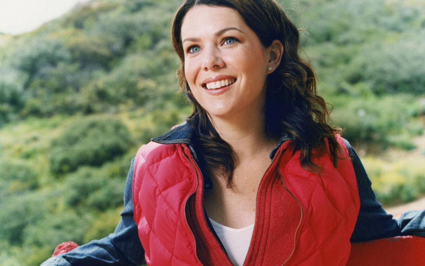 Lauren graham, woodland settings, red vest, HD Desktop Wallpaper