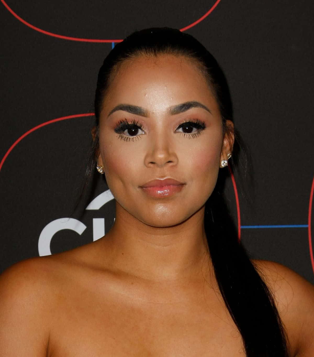 Lauren London, dark backdrop, red and white geometric lines, HD Phone Wallpaper