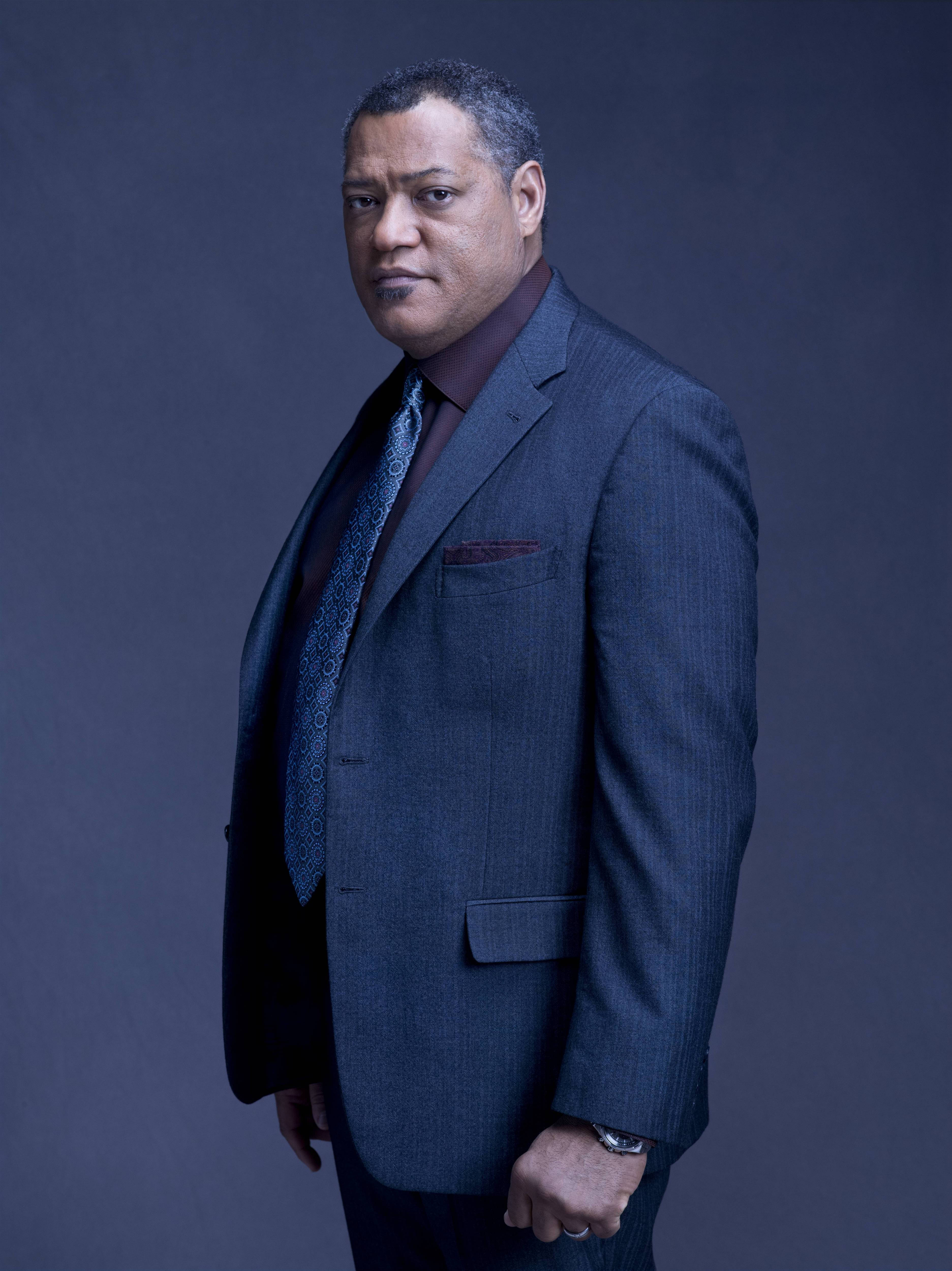 Laurence Fishburne, blue pinstripe suit, dark gray studio backdrop, 4K Phone Wallpaper