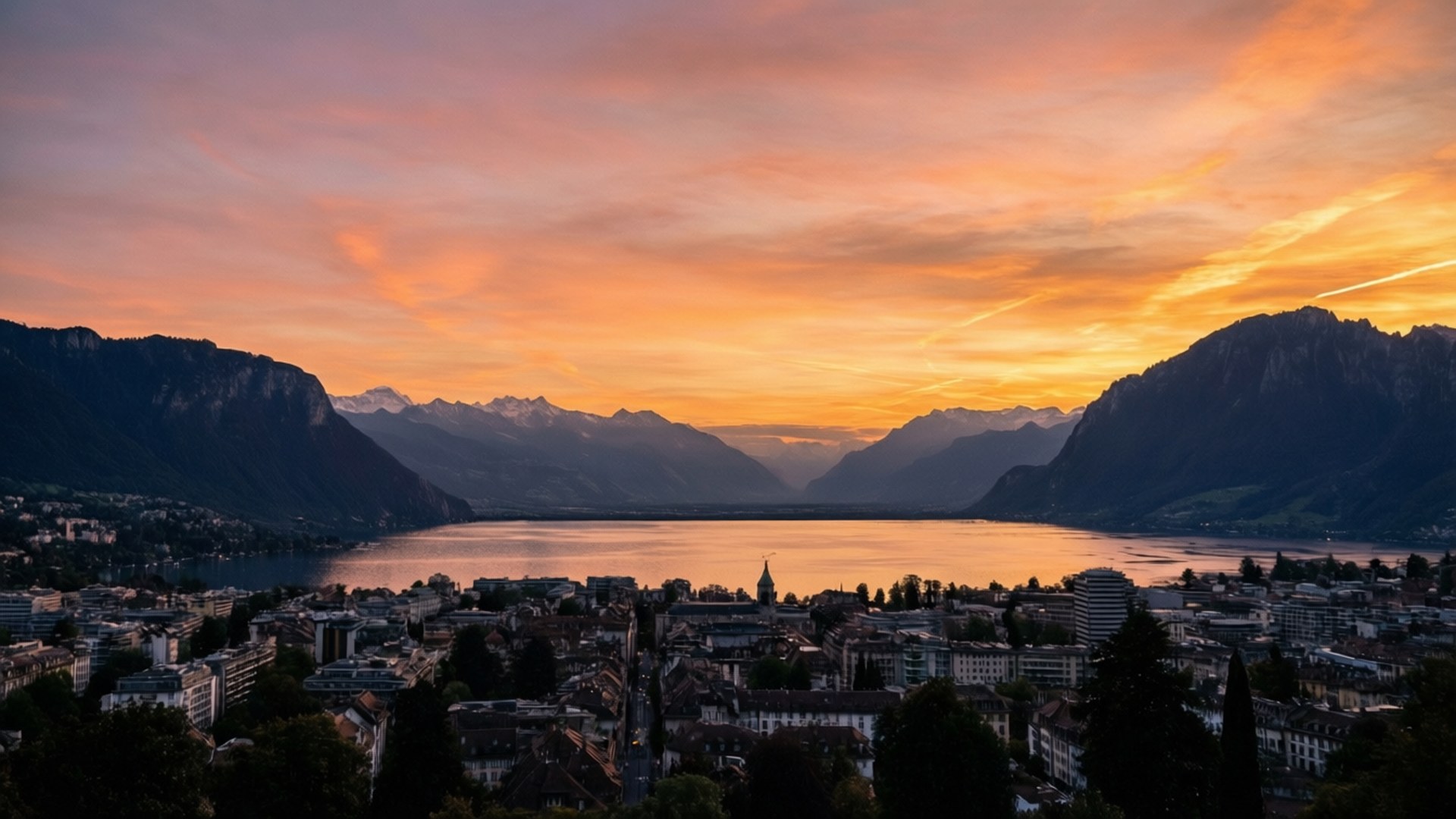 Lausanne, sunset, lake, Full HD Desktop Wallpaper