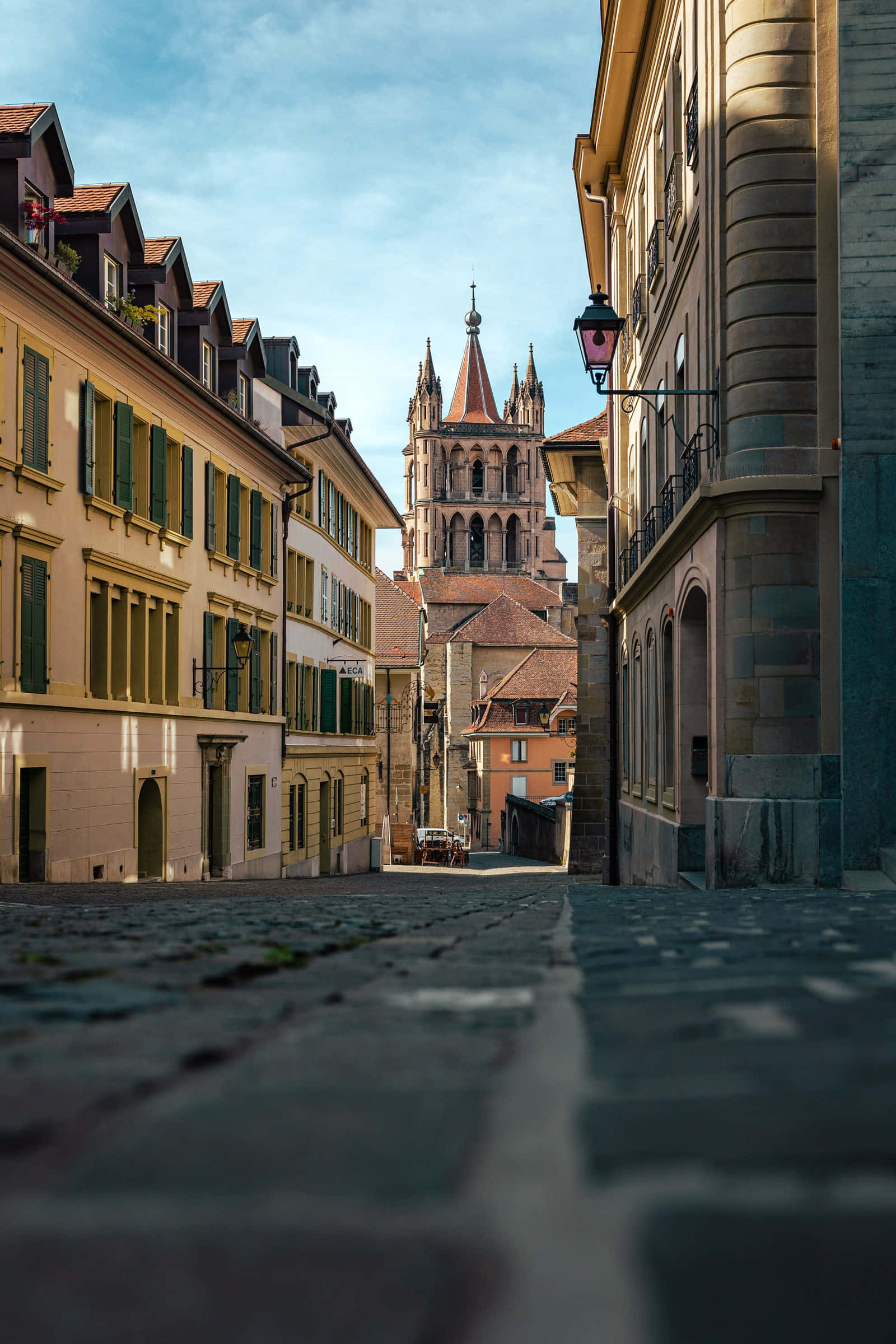 Lausanne, cobbled street, cathedral, Full HD Phone Wallpaper