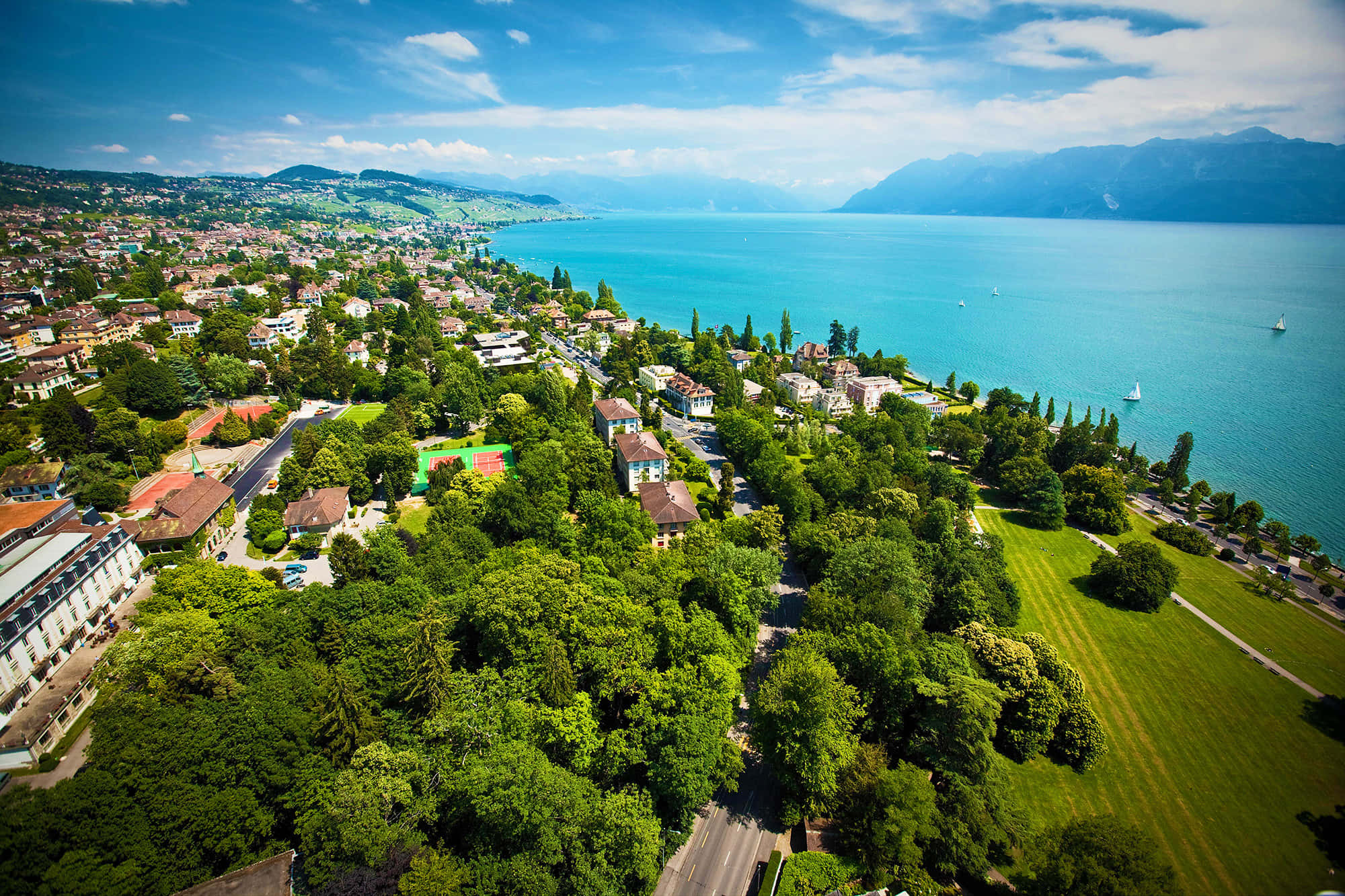 Lausanne, lakeside town, turquoise water, Full HD Desktop Wallpaper