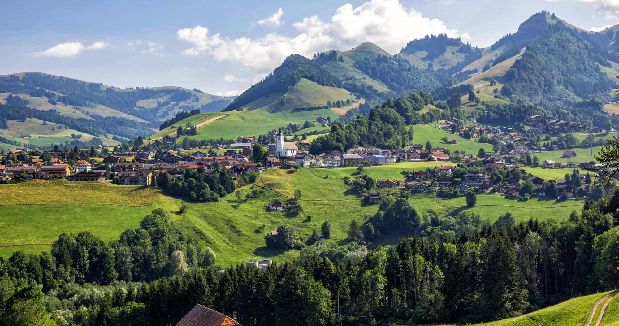alpine village, lush green valleys, rolling hills, Full HD Desktop Wallpaper