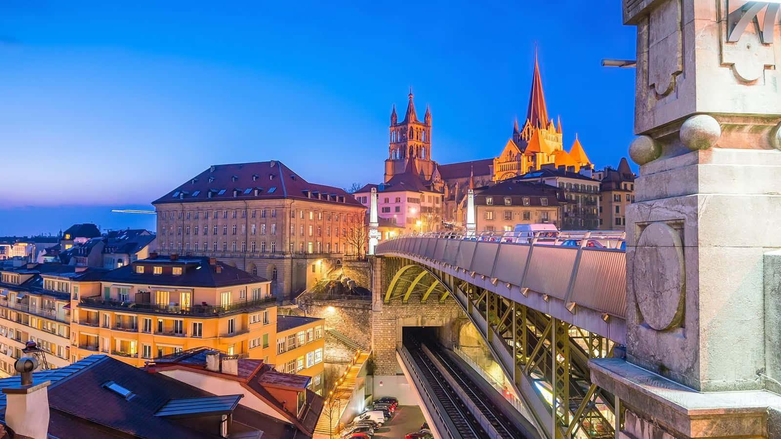 Lausanne, cityscape, dusk, HD Desktop Wallpaper