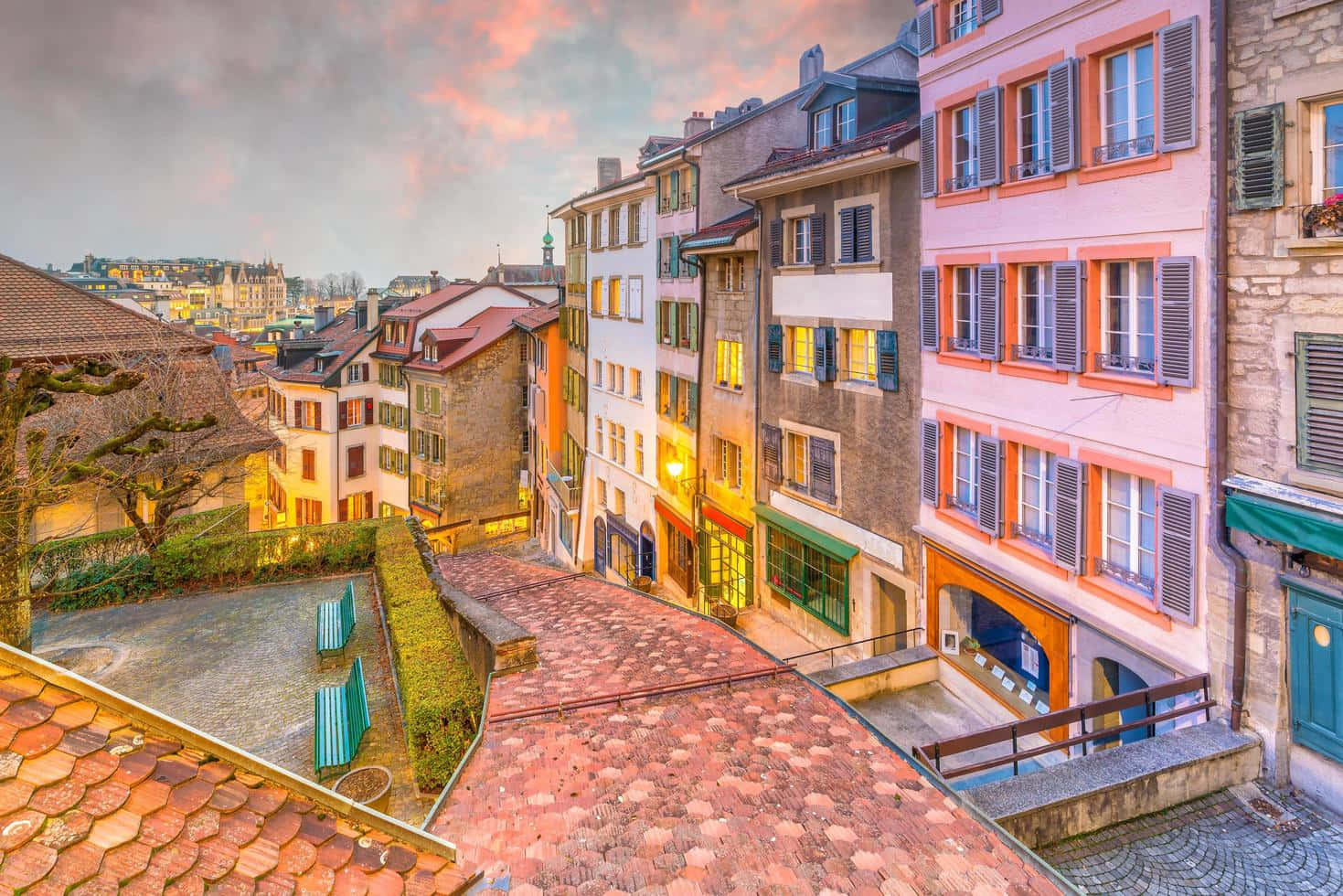 Lausanne, historic cityscape, dusk, HD Desktop Wallpaper