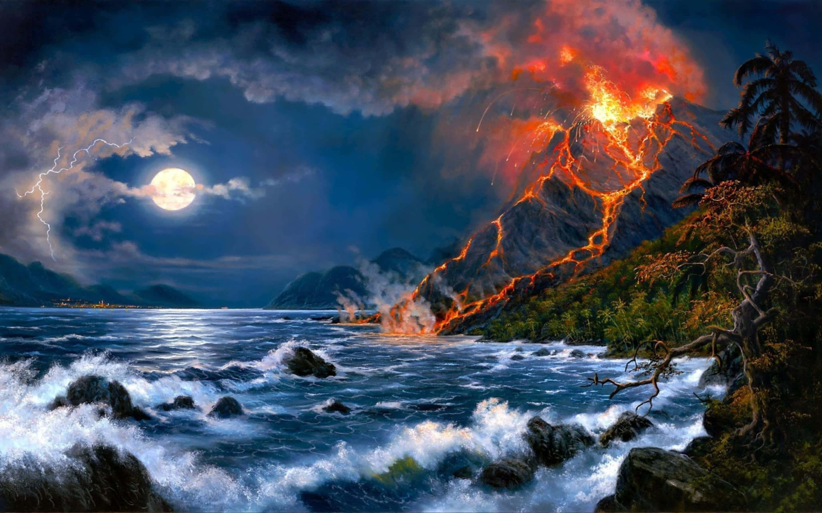 erupting volcano, glowing lava, ocean, 2K Desktop Wallpaper