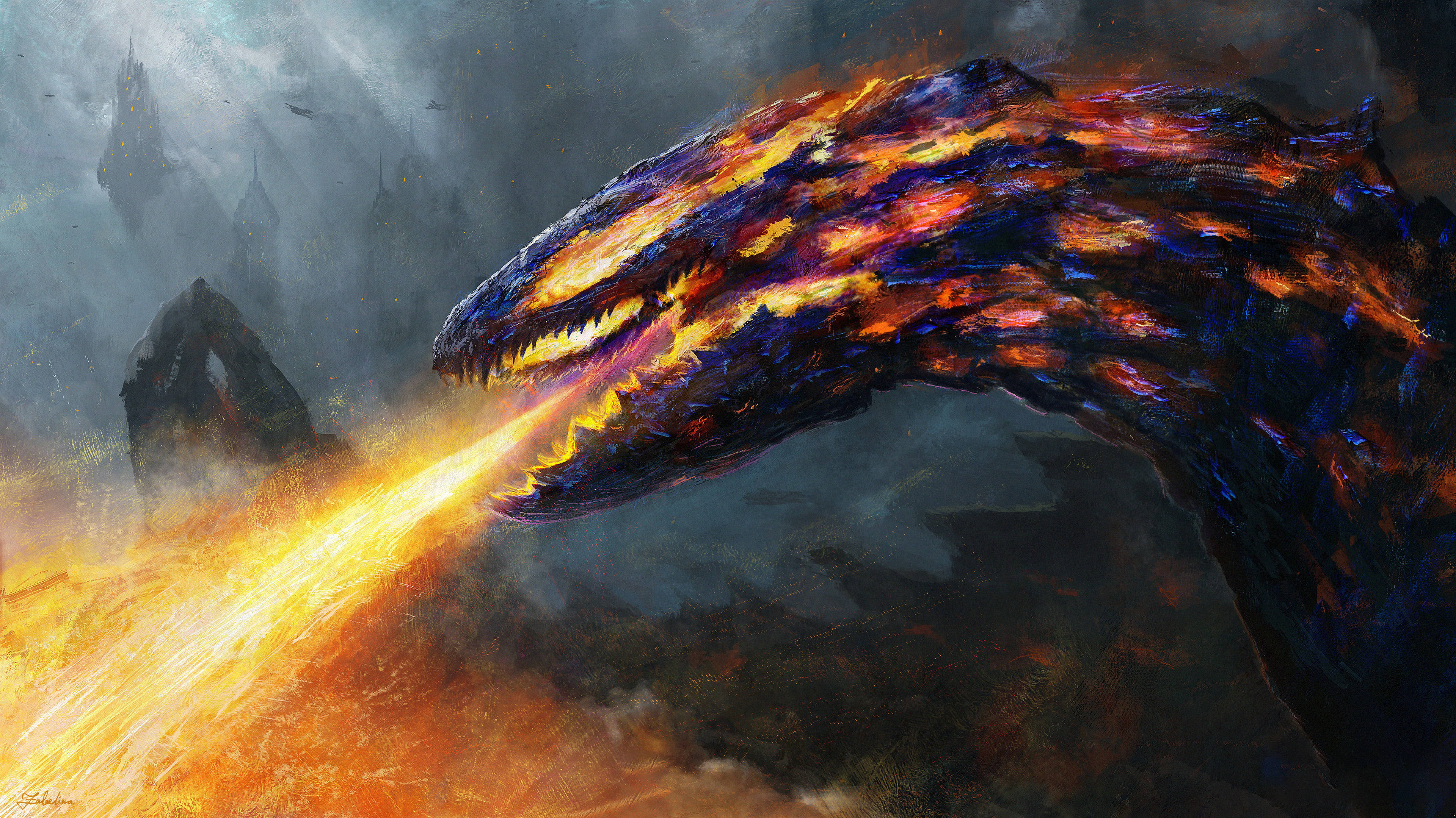 blasting hot lava dragon, glowing orange and purple scales, intense flames, 4K Desktop Wallpaper