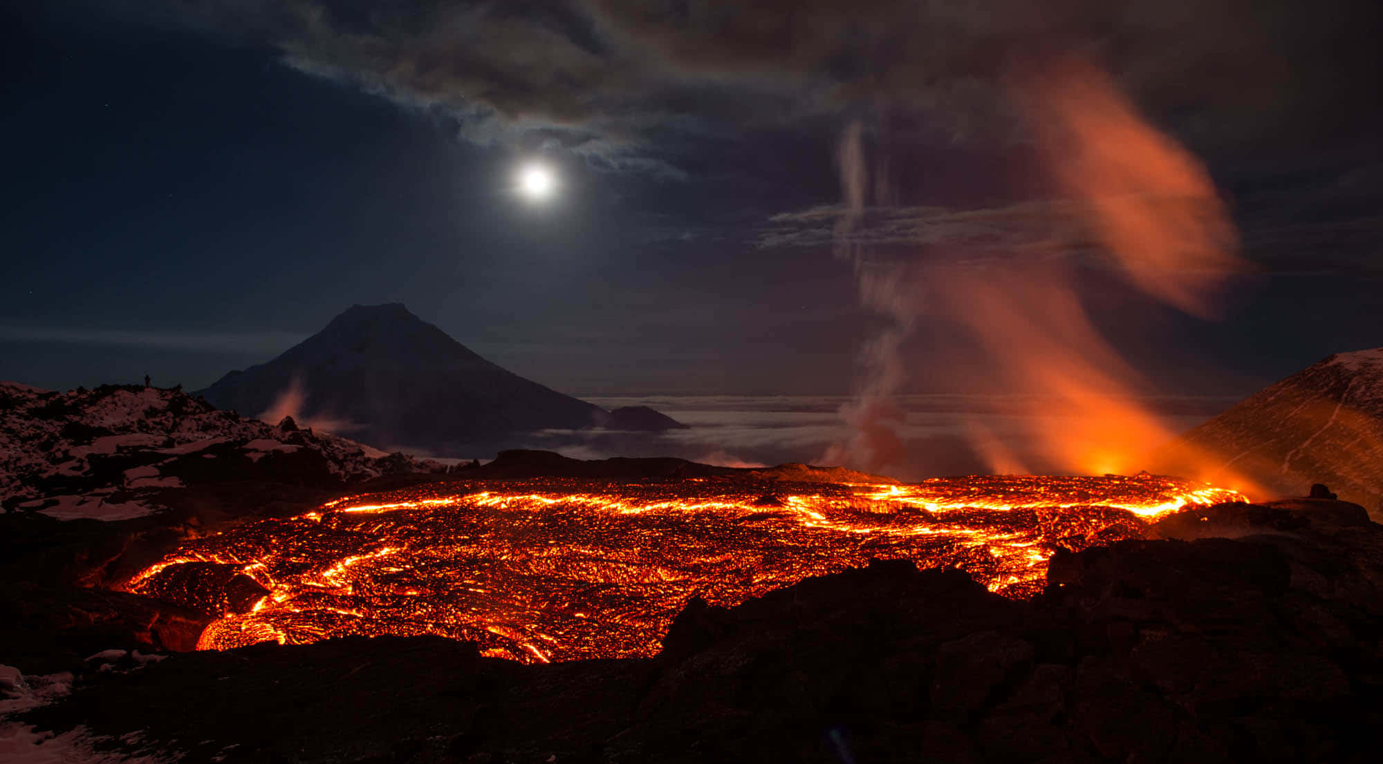 boiling lava dome volcano, glowing lava field, bright moon, Full HD Desktop Wallpaper