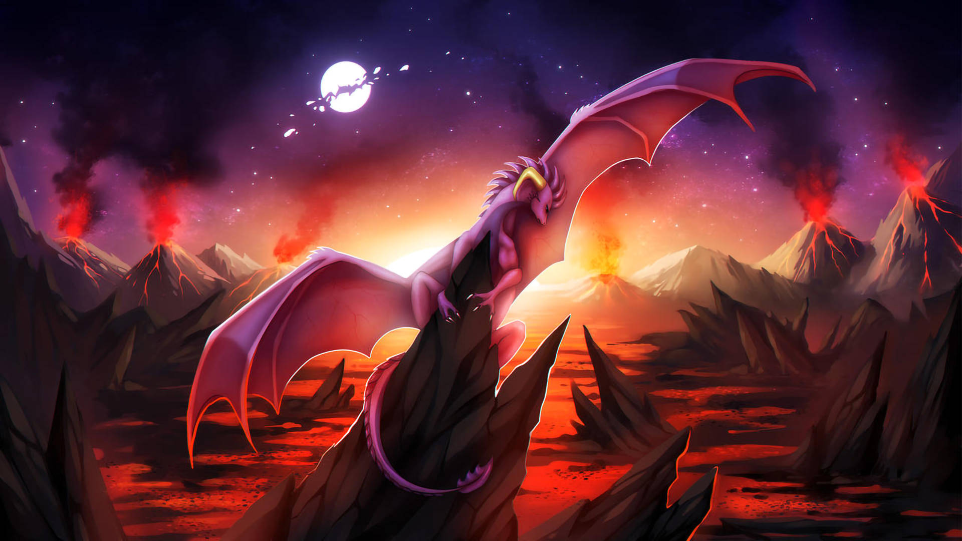 serene pink lava dragon, majestic lava dragon, fiery volcanic landscape, Full HD Desktop Wallpaper