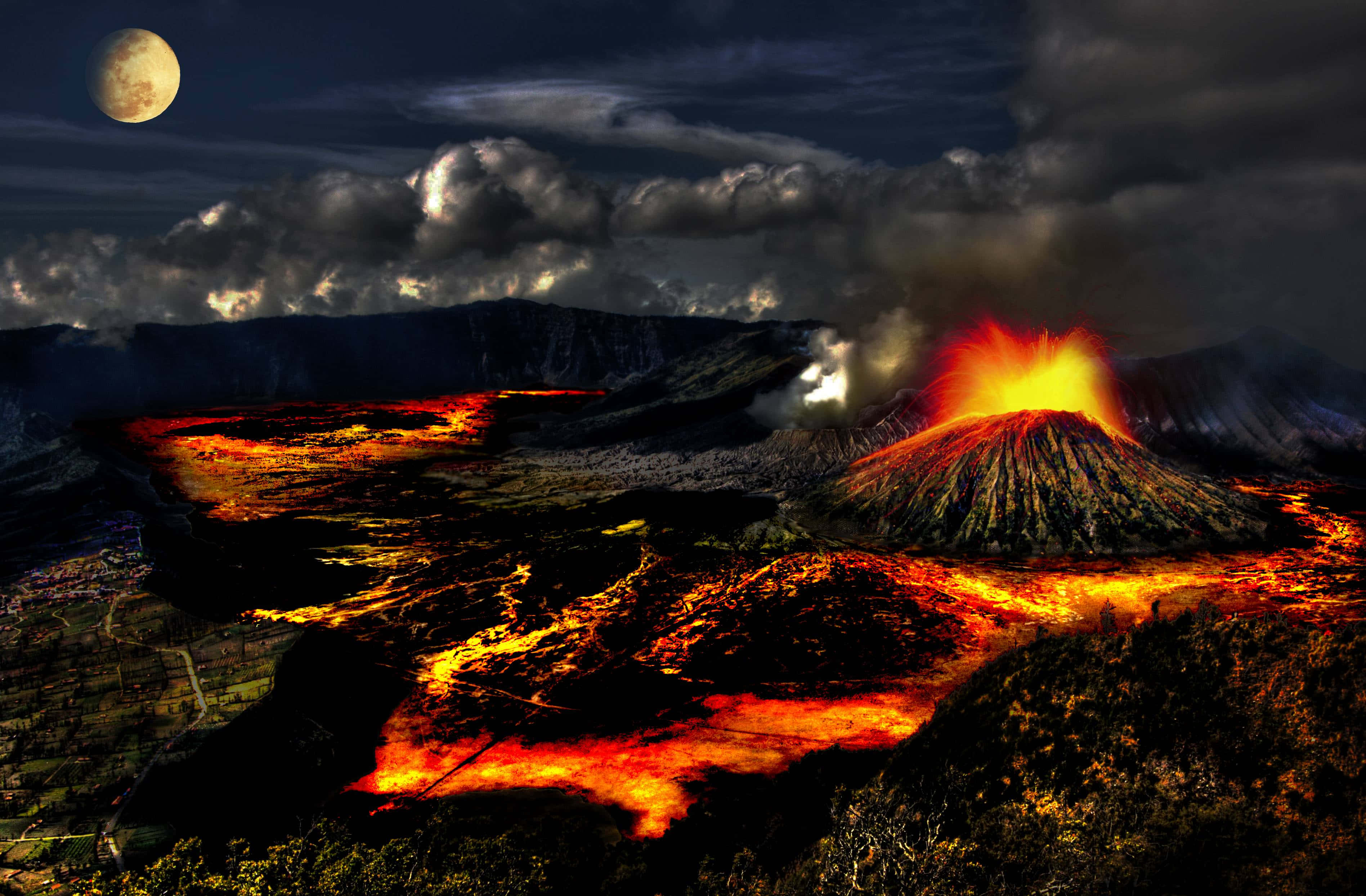 volcano, lava flows, night, 2K Desktop Wallpaper