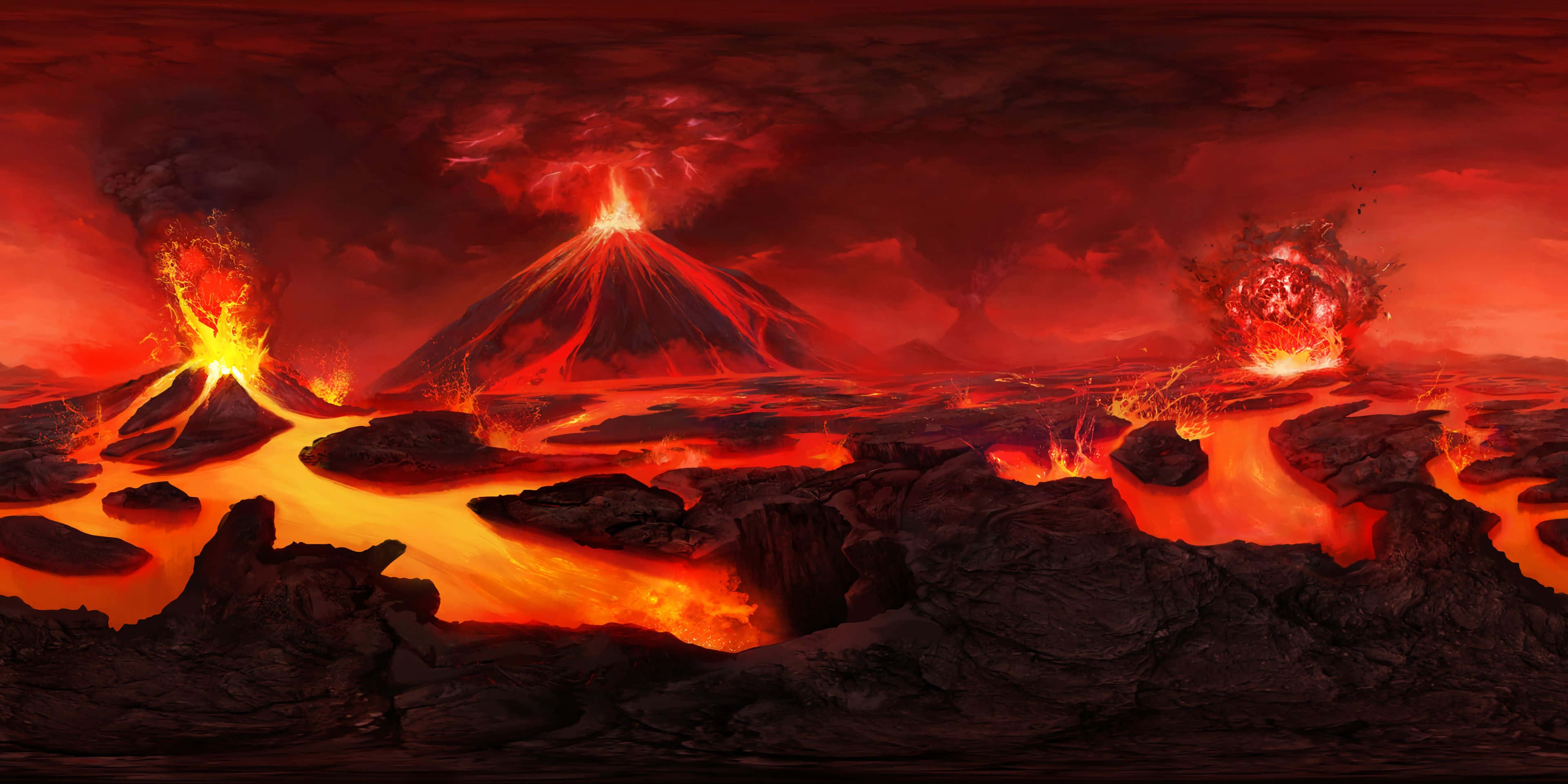 volcano, molten lava, fiery red landscape, 4K Desktop Wallpaper