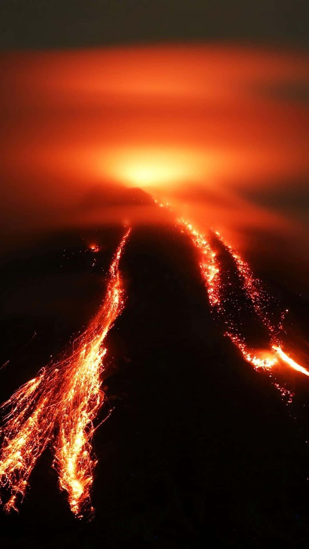 Glowing Hot Lava Volcano, lava rivers, dark mountain slopes, Full HD Phone Wallpaper