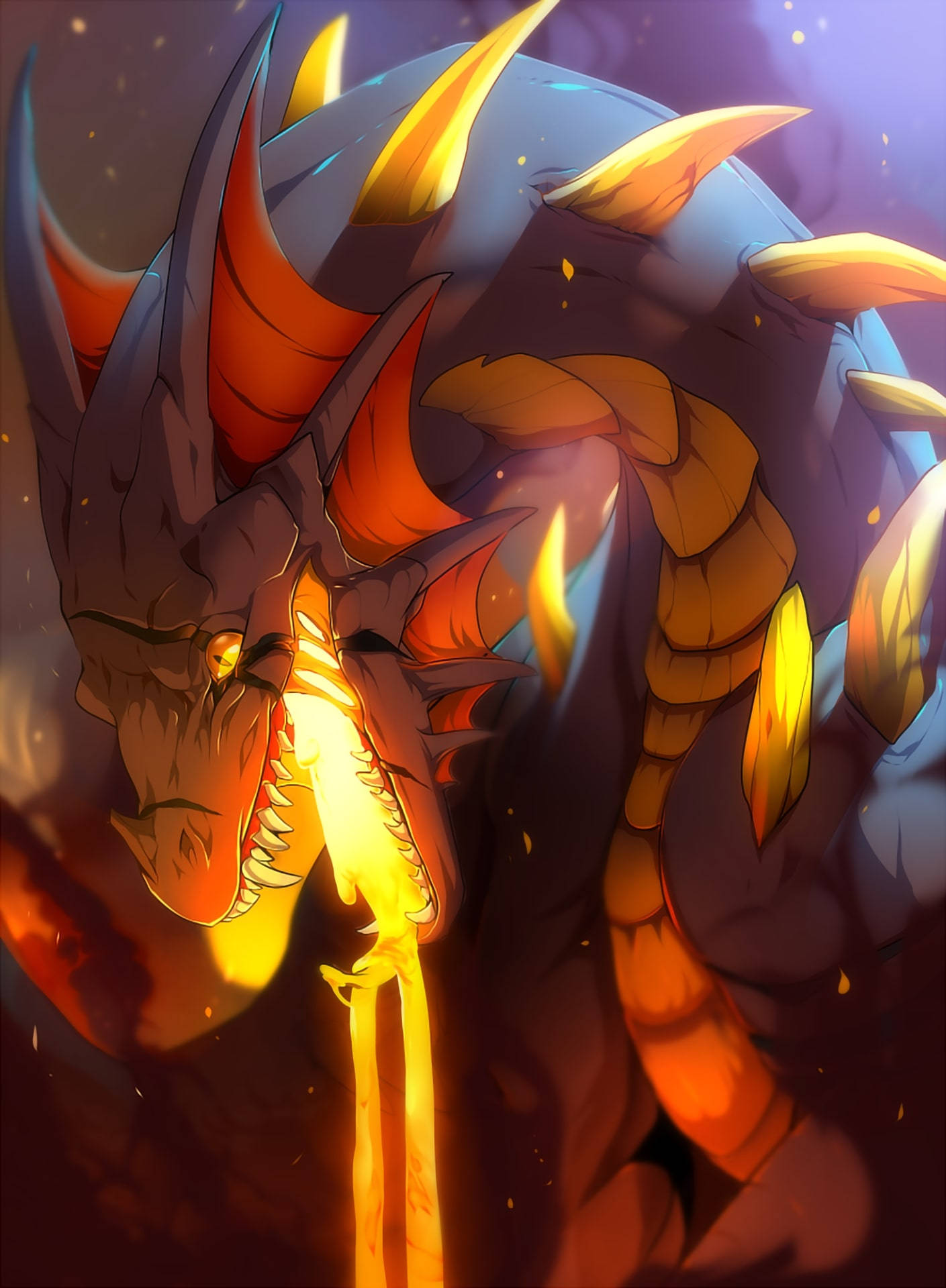anime lava dragon, glowing orange horns, fiery breath, Full HD Phone Wallpaper