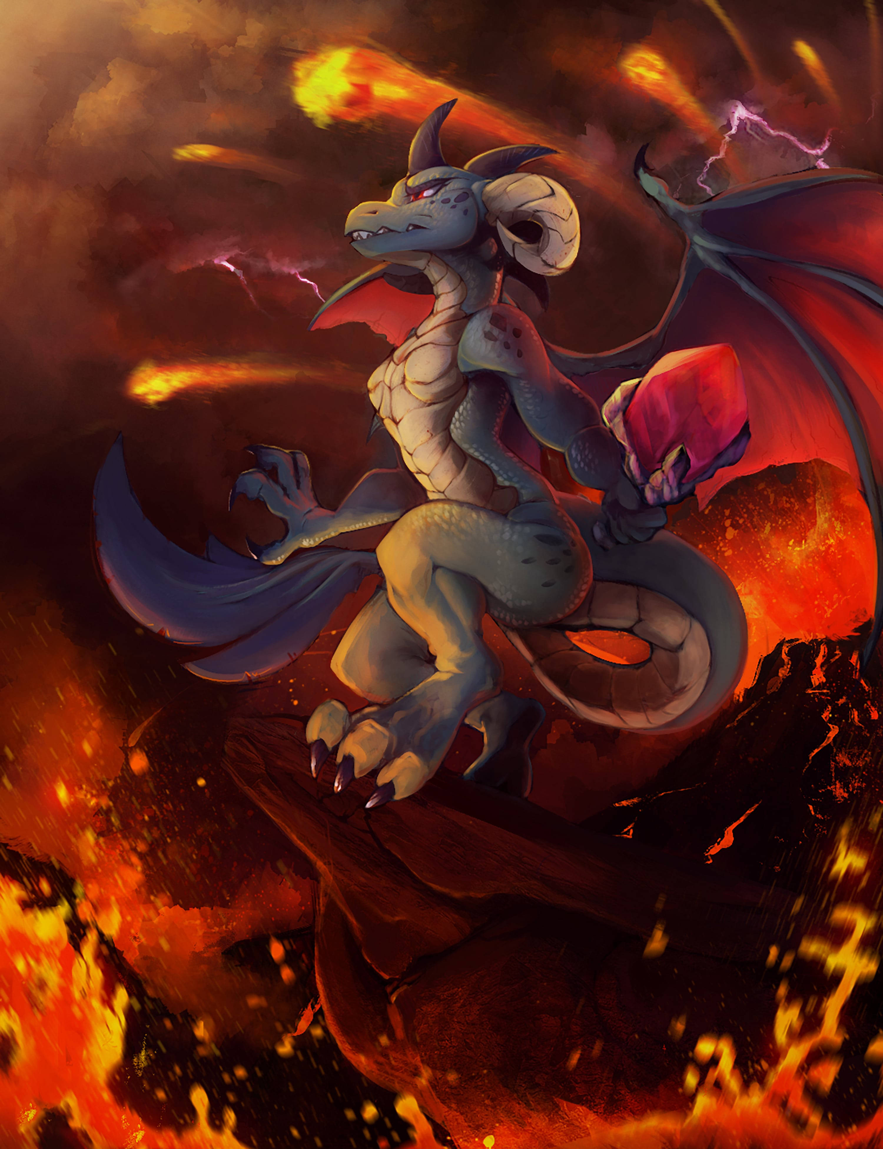 blue female lava dragon, ram horns, volcanic cliff, 4K Phone Wallpaper