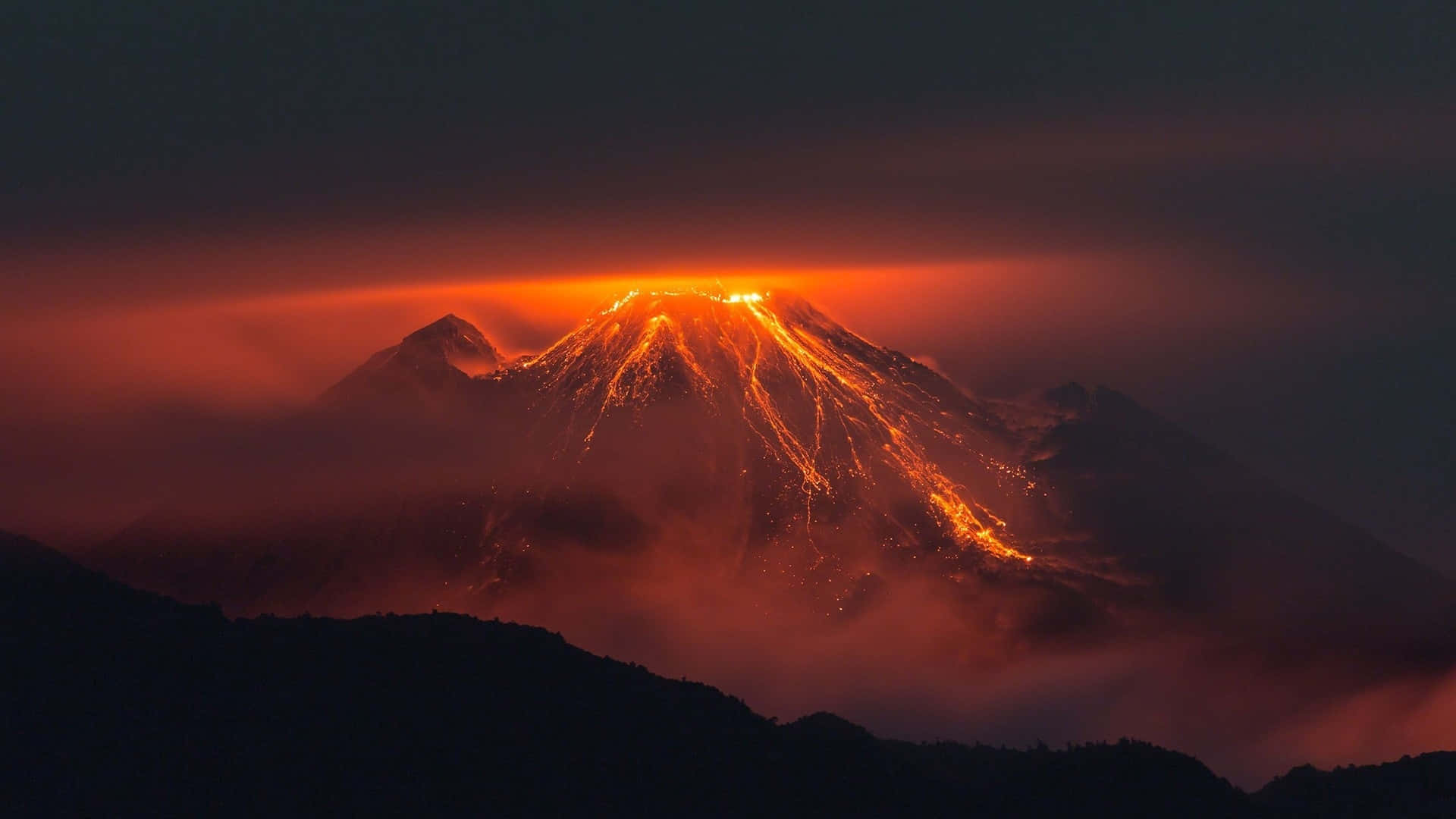 volcanic mountain, glowing lava, night, Full HD Desktop Wallpaper