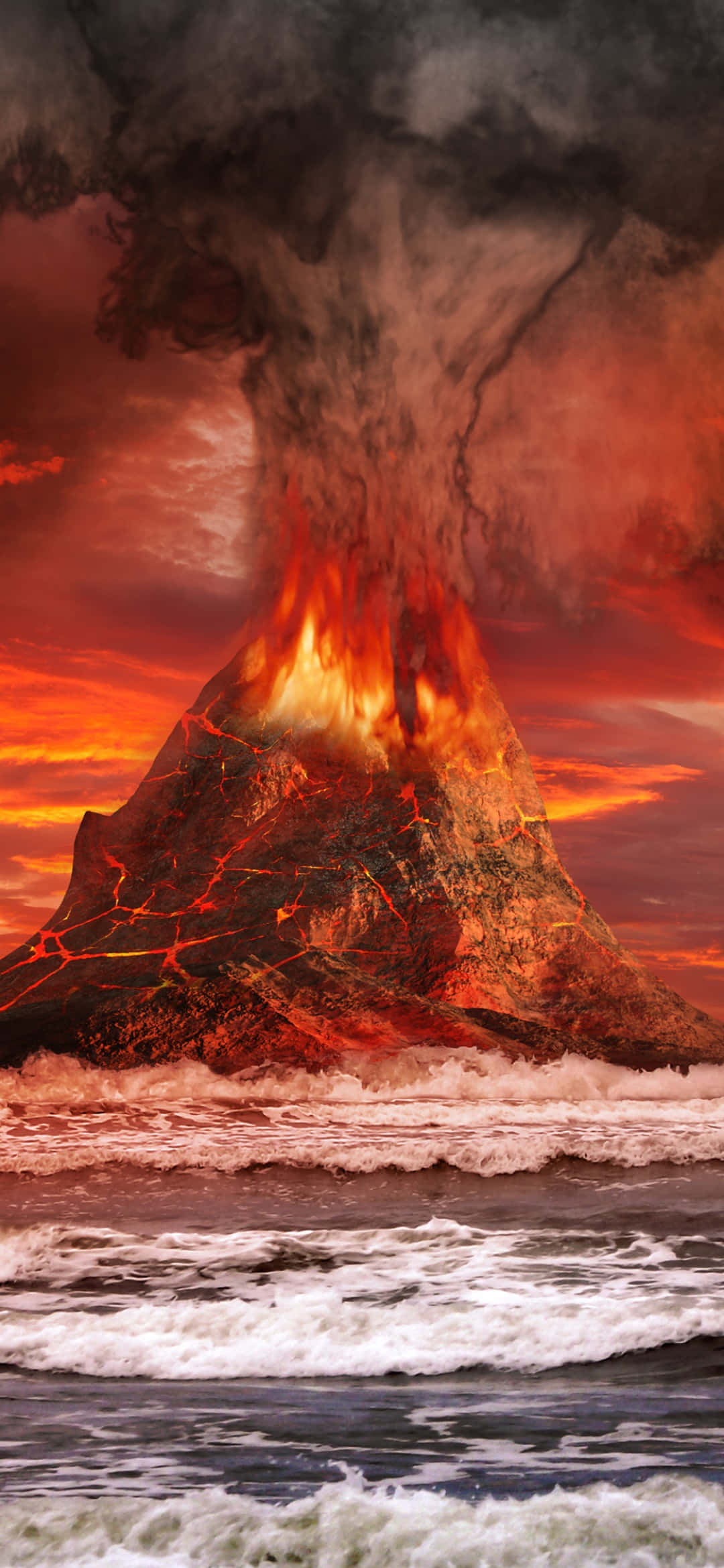 explosive erupting volcano, fiery lava, blood-orange sky, Full HD Phone Wallpaper