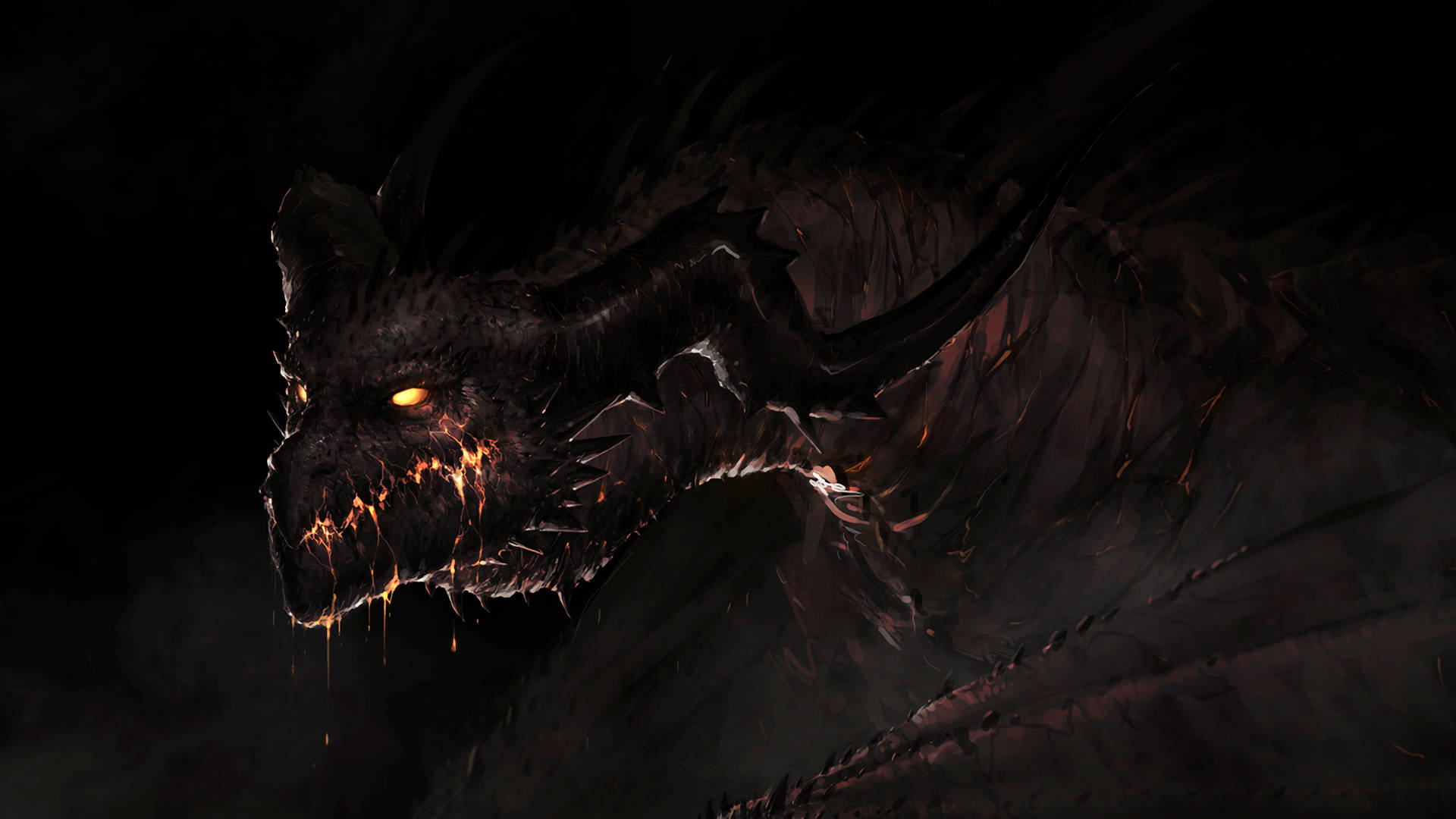 dark black lava dragon, glowing orange eyes, molten drips, Full HD Desktop Wallpaper