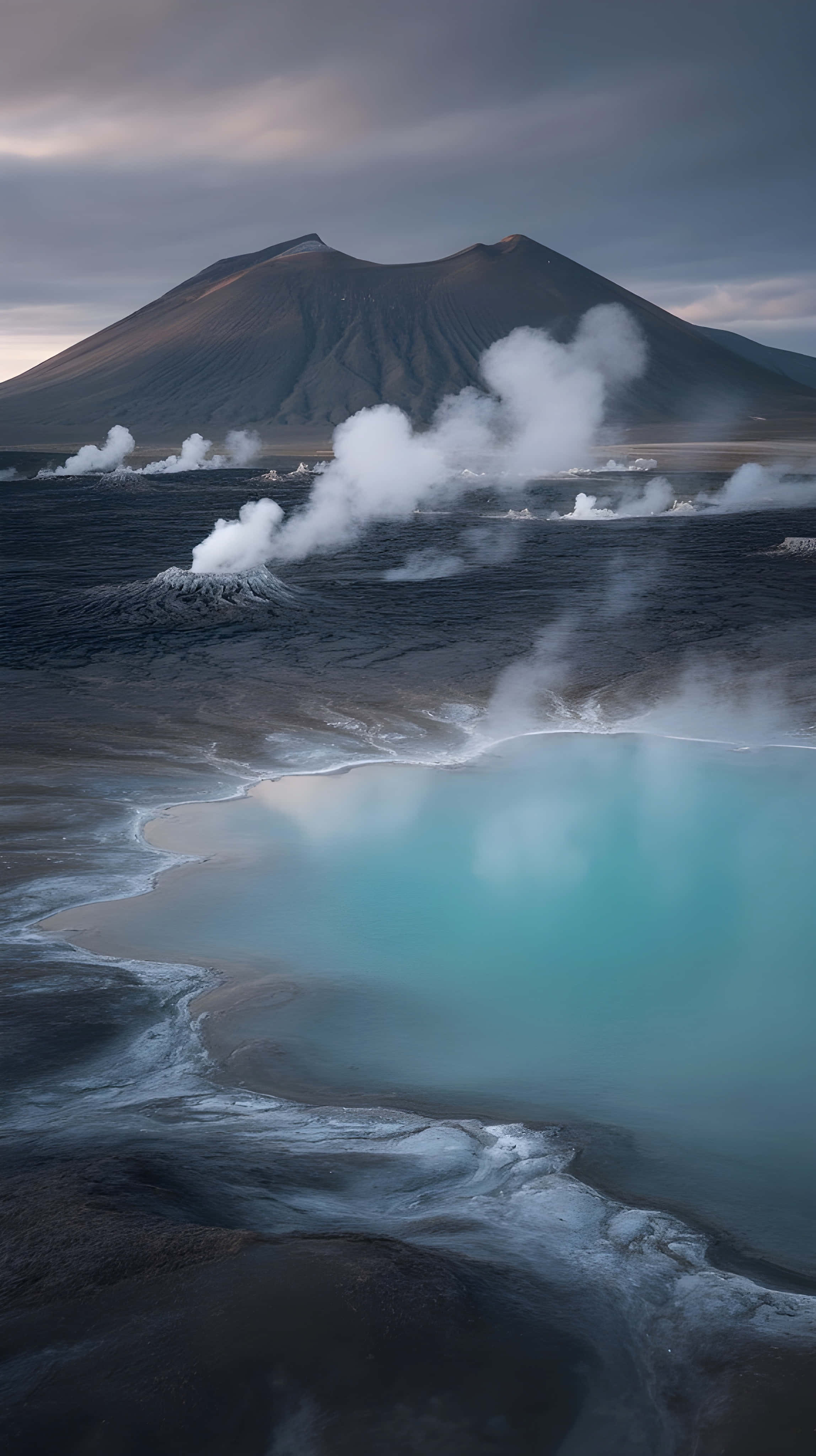 turquoise steaming lake, volcanic landscape, geothermal pools, 4K Phone Wallpaper