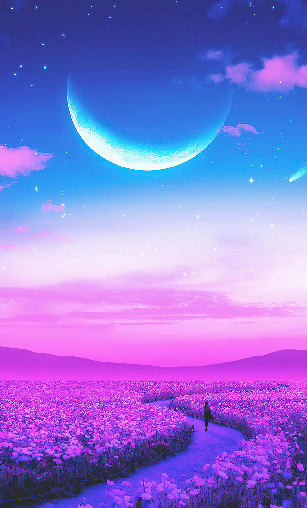 Lavender Field, crescent moon, starry sky, Full HD Phone Wallpaper