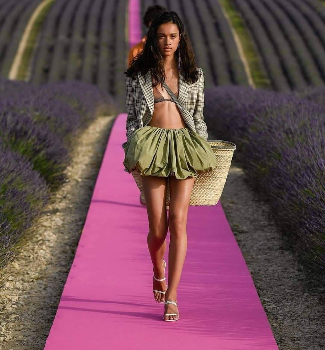Green Jacquemus outfit, vibrant pink runway, blooming lavender fields, SD Phone Wallpaper
