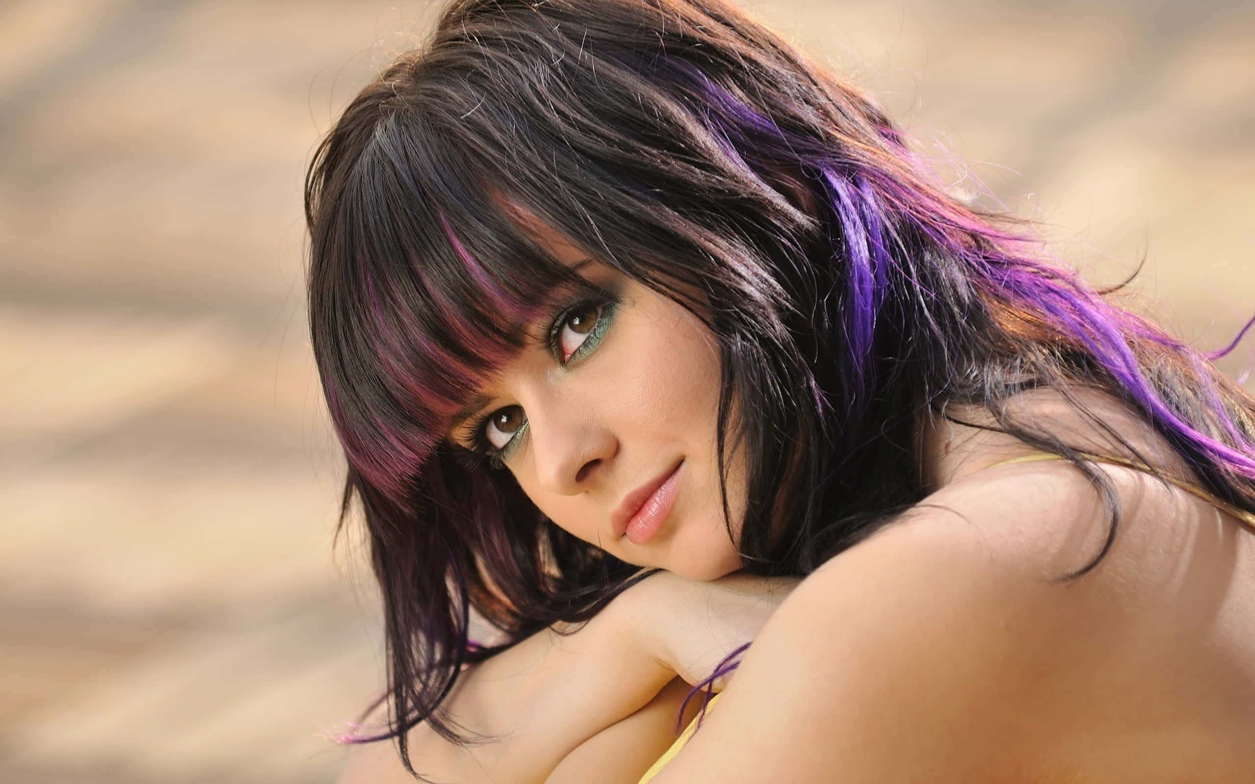 teen girl model, purple hair, dark hair streaked in vibrant purple, 2K Desktop Wallpaper