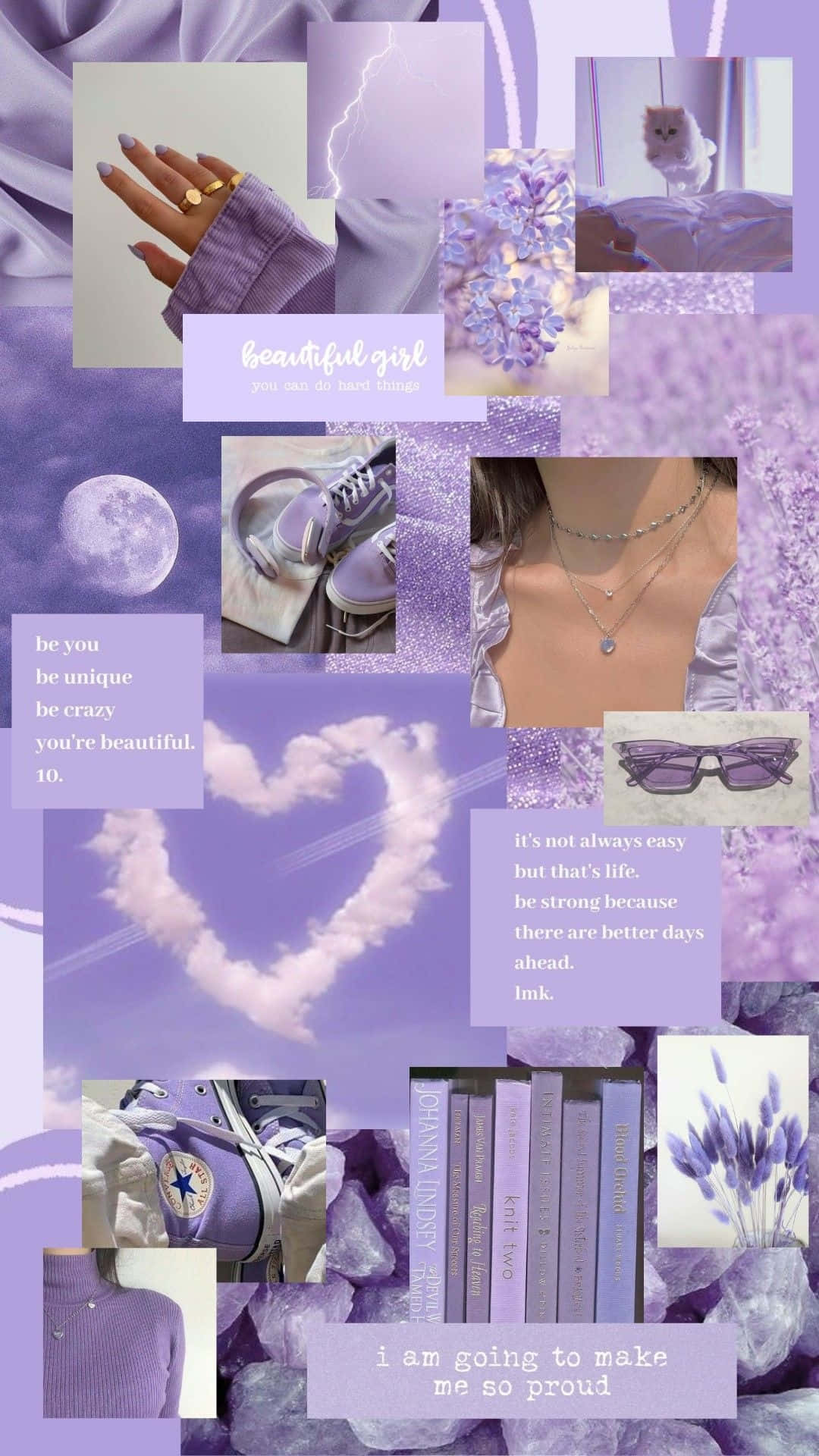 Lavender Aesthetic Collage, cat moon sneakers, jewelry, Full HD Phone Wallpaper