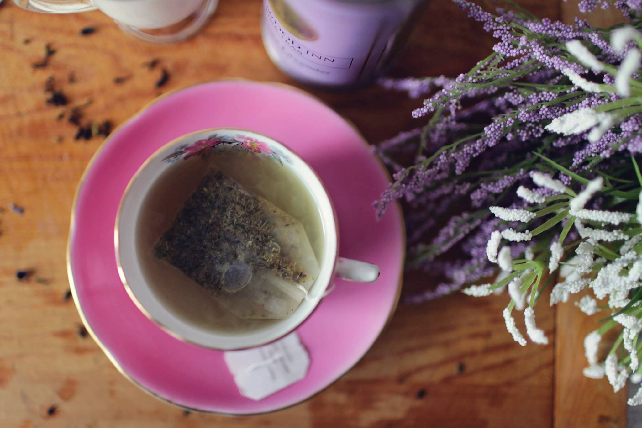 pink teacup, herbal tea bag, bouquet of purple and white flowers, Full HD Desktop Wallpaper