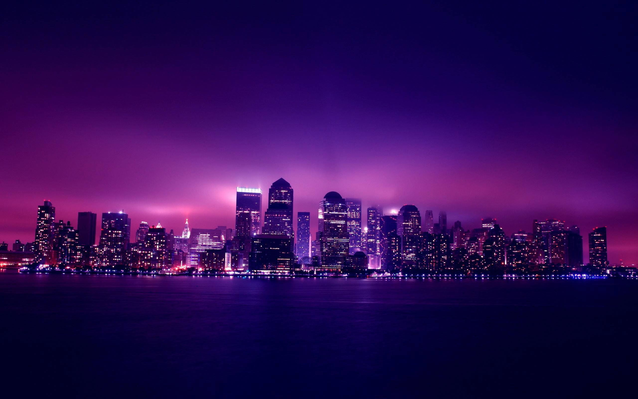 Lavender, twilight skyline, glowing skyscrapers, 2K Desktop Wallpaper