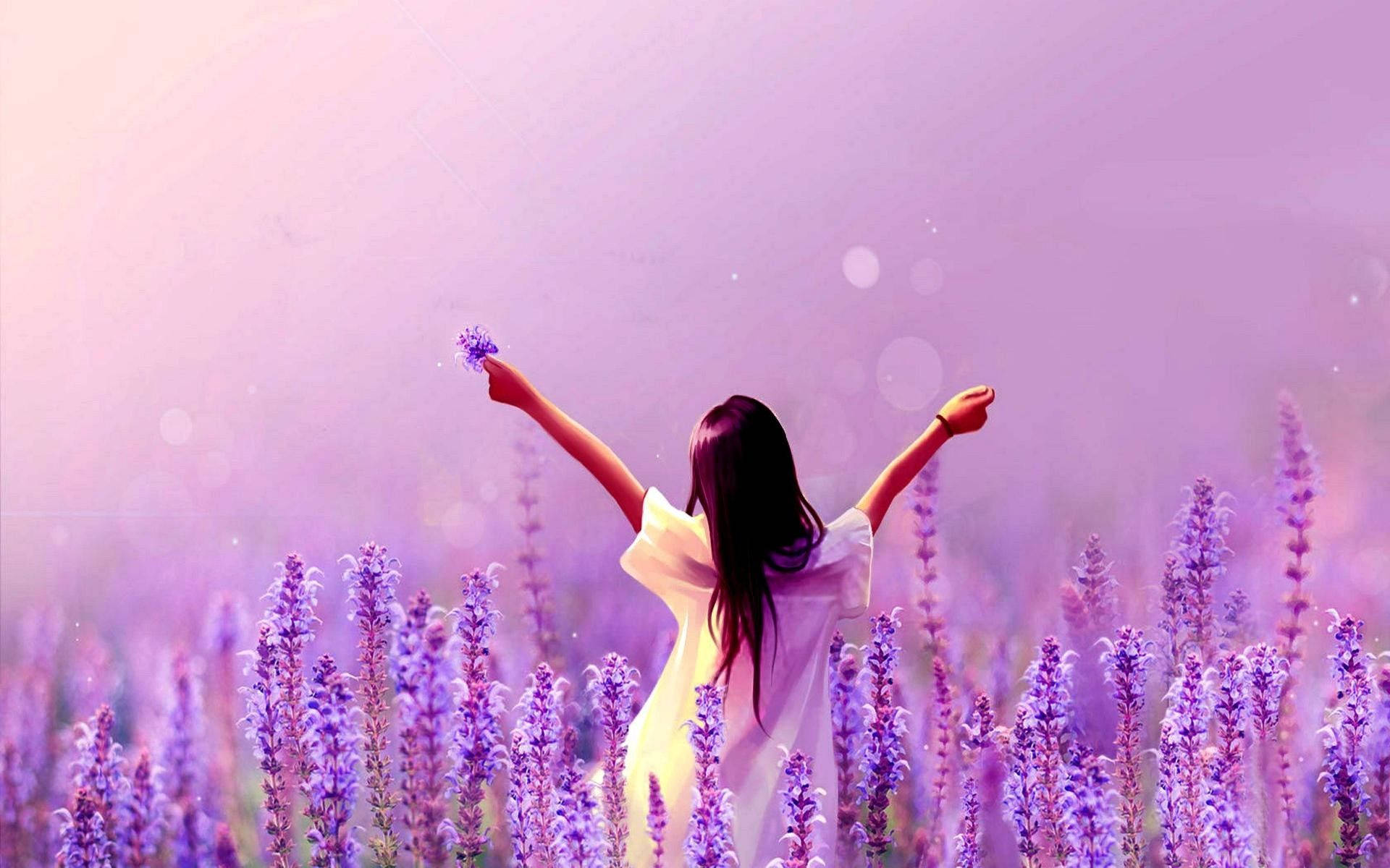 woman, white dress, field of purple lavender, Full HD Desktop Wallpaper