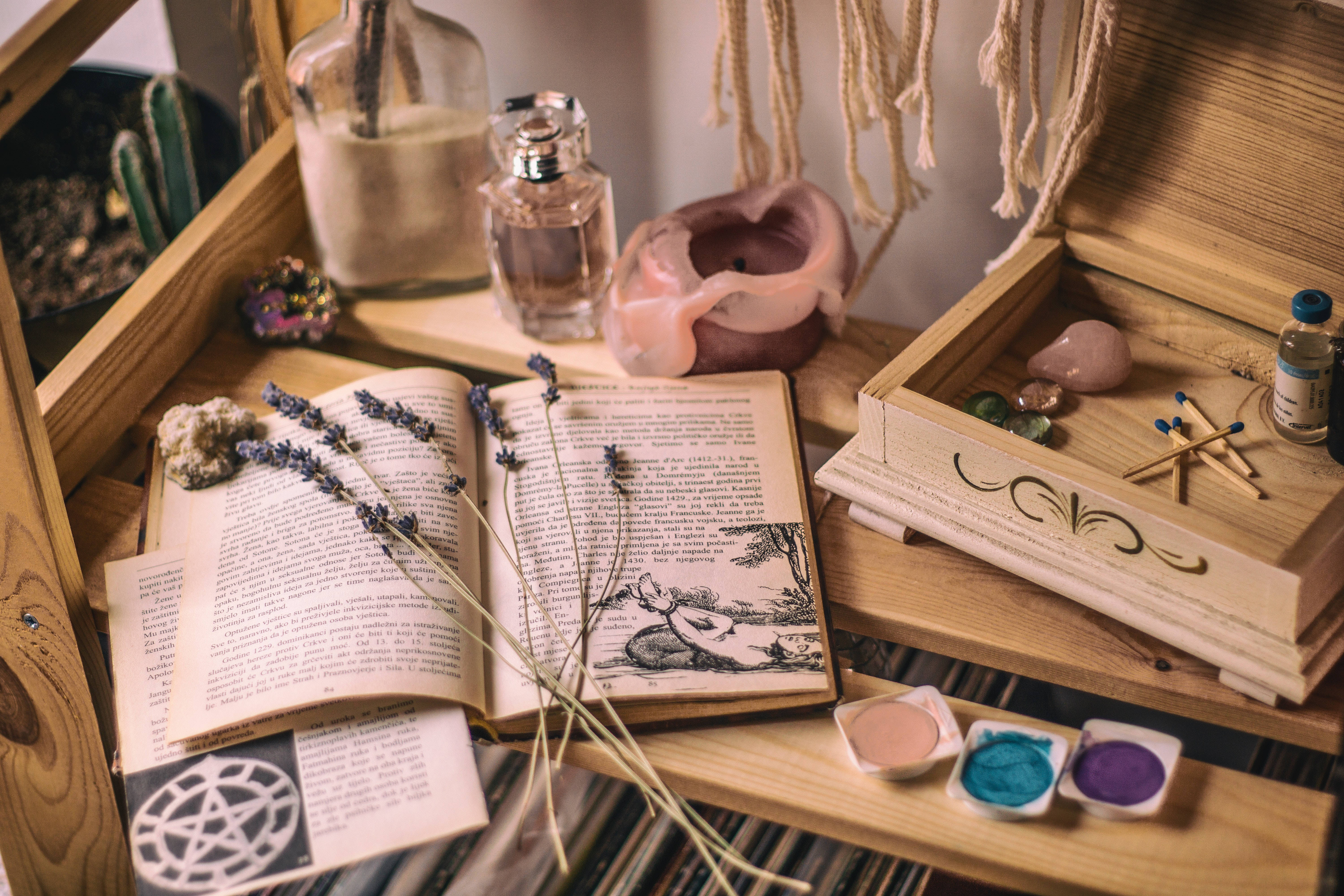 Lavender Aesthetic Book Desktop, lavender sprigs, wooden shelf, 5K Desktop Wallpaper