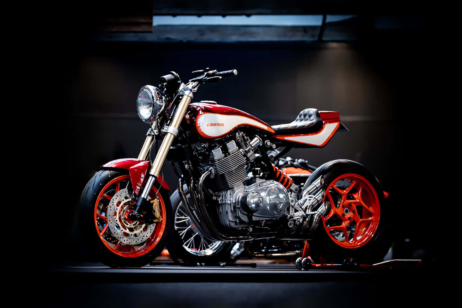 Laverda, red and white custom motorcycle, orange wheels, HD Desktop Wallpaper