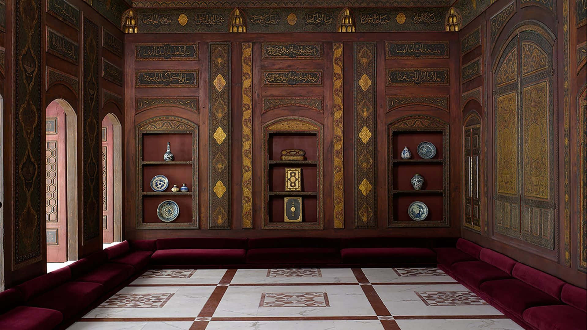 Lavish Room, wooden-paneled room, gold calligraphy, HD Desktop Wallpaper