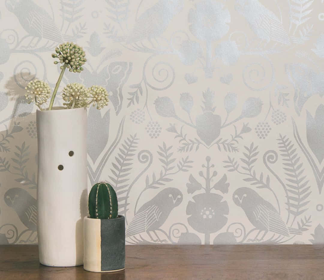 white vase, allium flowers, small cactus, SD Desktop Wallpaper