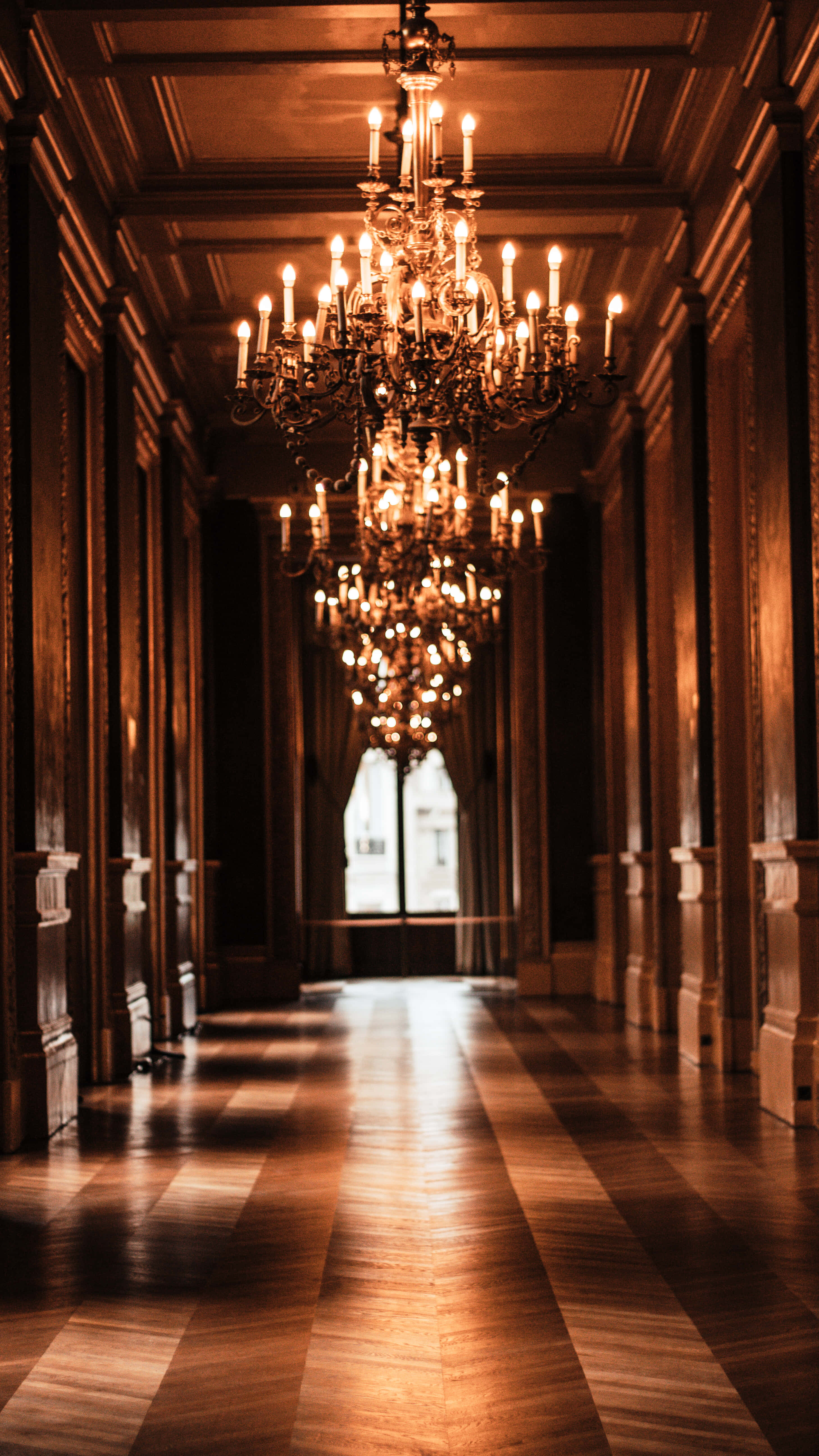 Lavish Hallway, ornate wooden walls, ornate wooden floors, 5K Phone Wallpaper