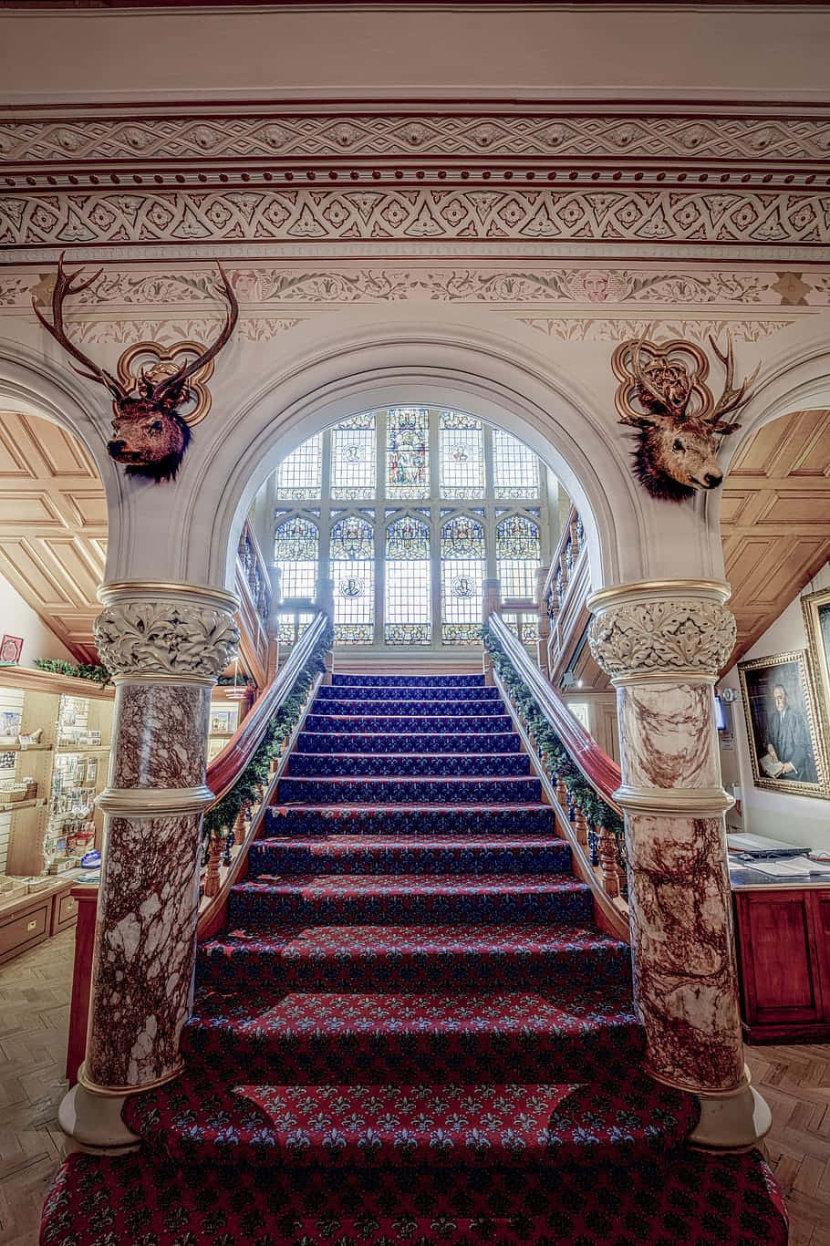 Lavish Staircase, red patterned carpet, marble columns, HD Phone Wallpaper