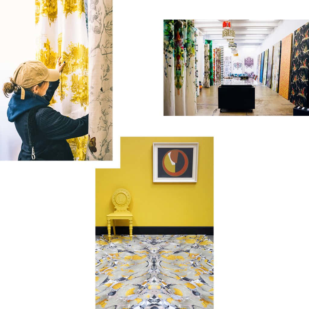 Lavish Collage, vibrant yellow patterned fabric, bold yellow walls, SD Desktop Wallpaper