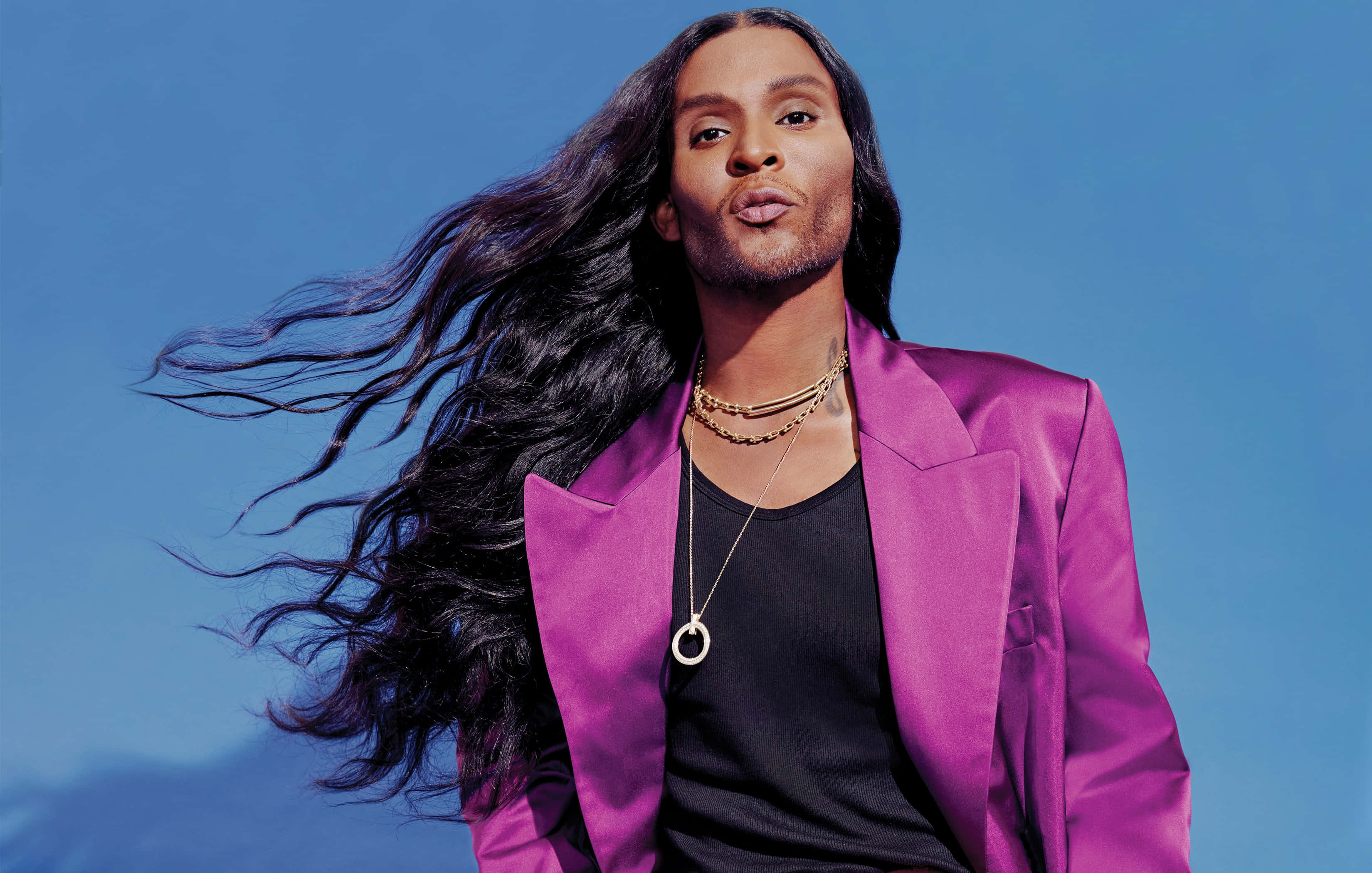 Law Roach, vibrant purple blazer, clear blue sky, 2K Desktop Wallpaper