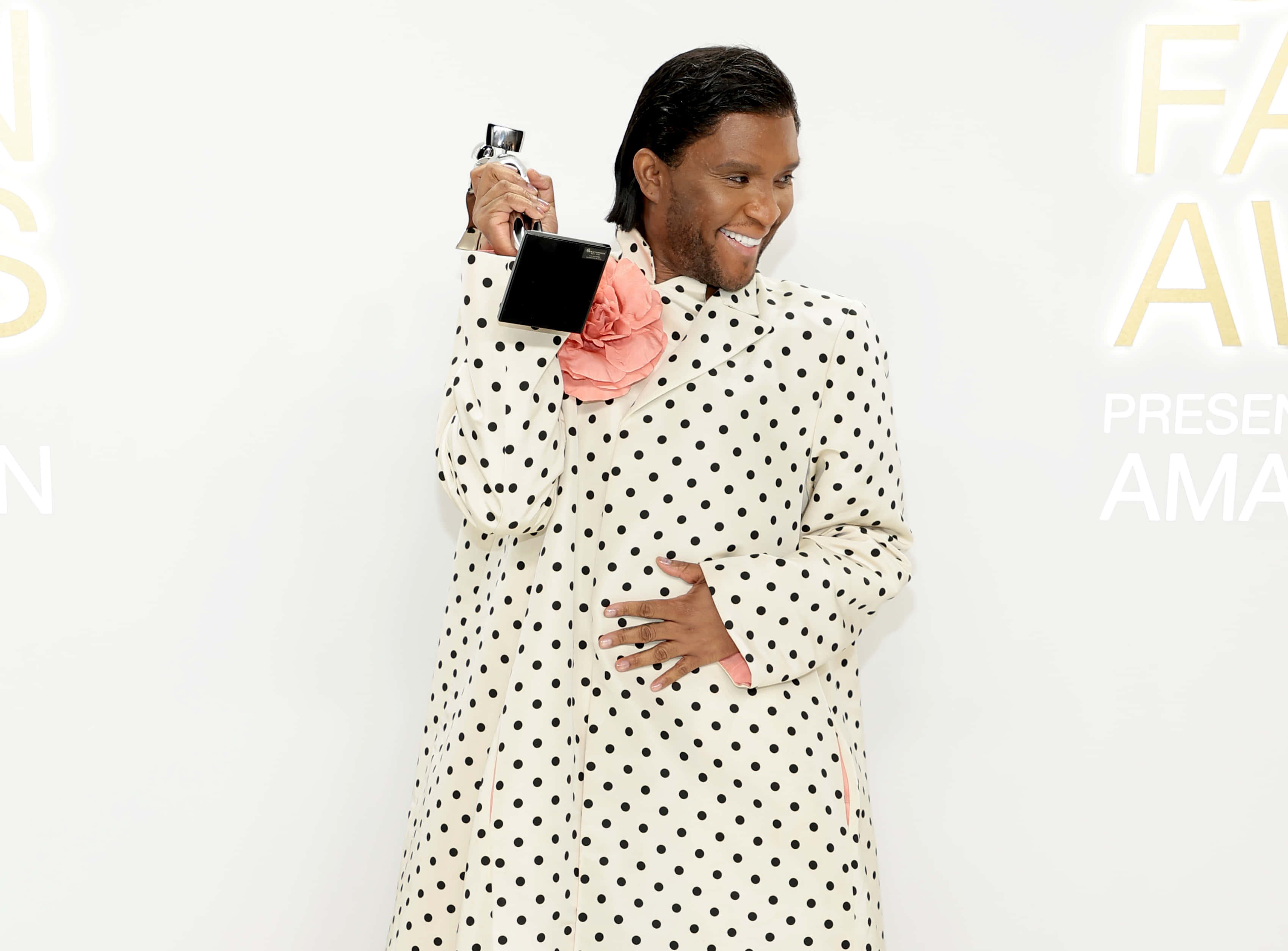 Law Roach, white polka-dot coat, pink flower, 2K Desktop Wallpaper