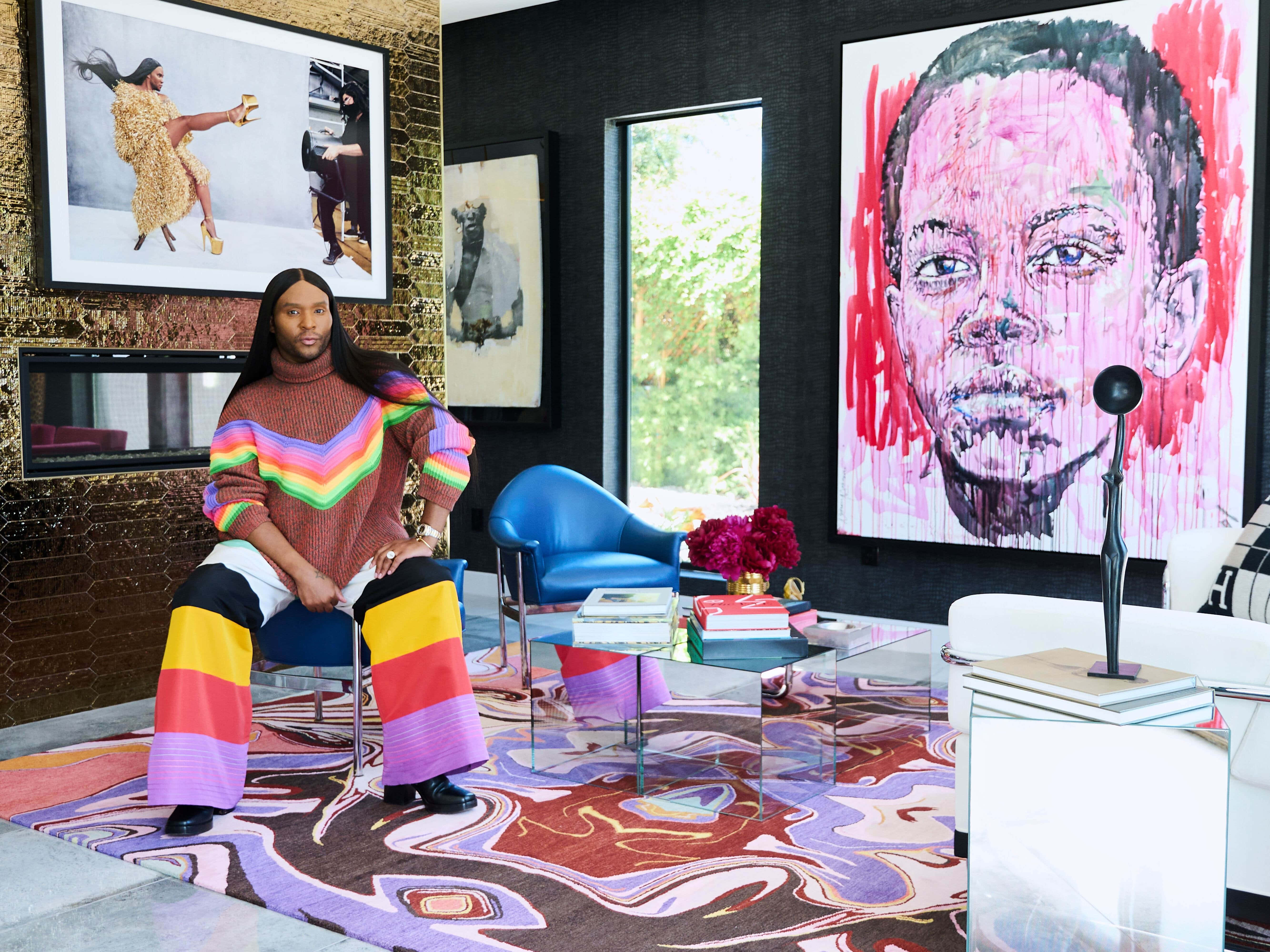 Law Roach, rainbow-striped sweater, modern living room, 5K Desktop Wallpaper