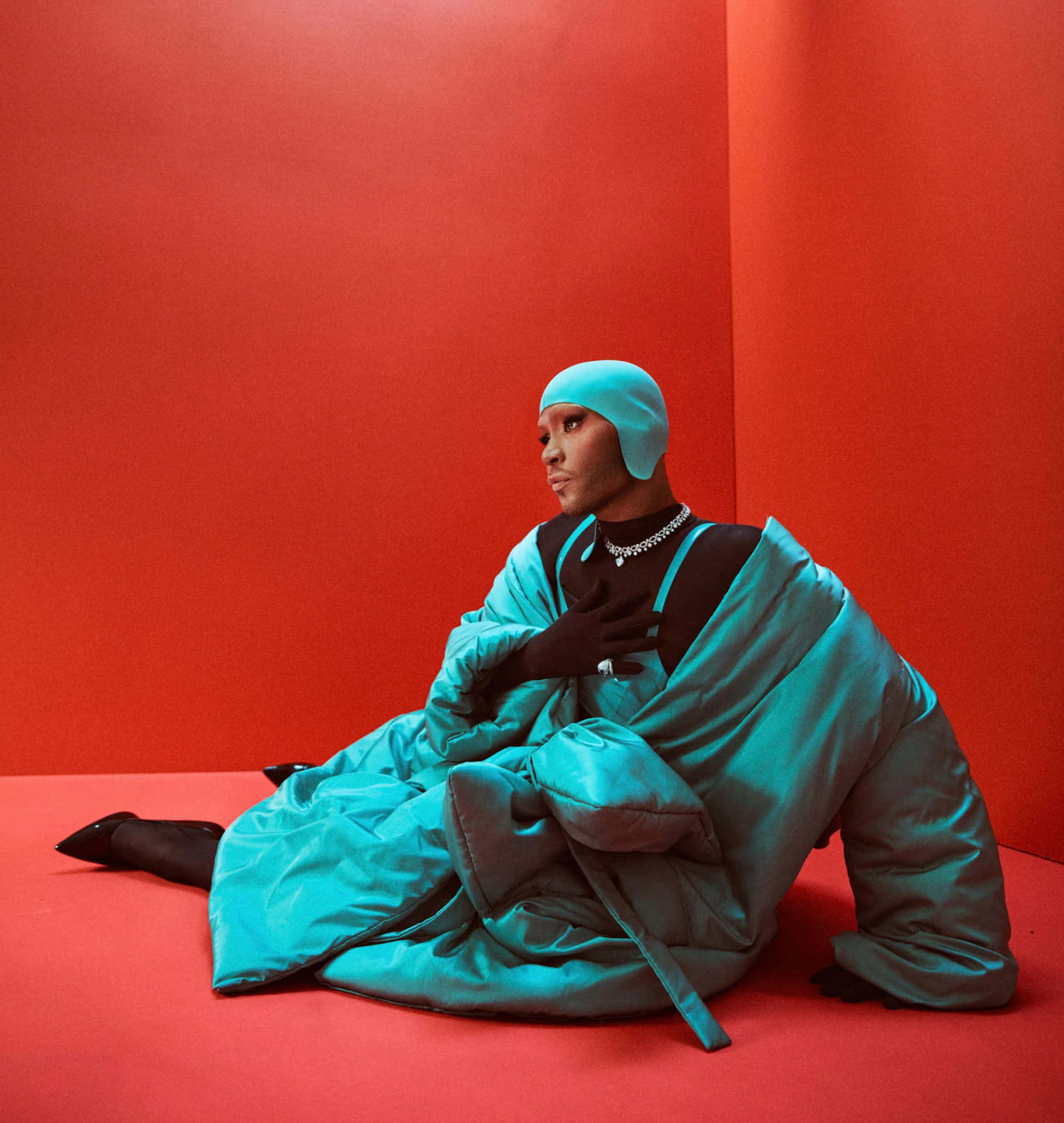 Law Roach, teal satin robe, matching head covering, Full HD Phone Wallpaper