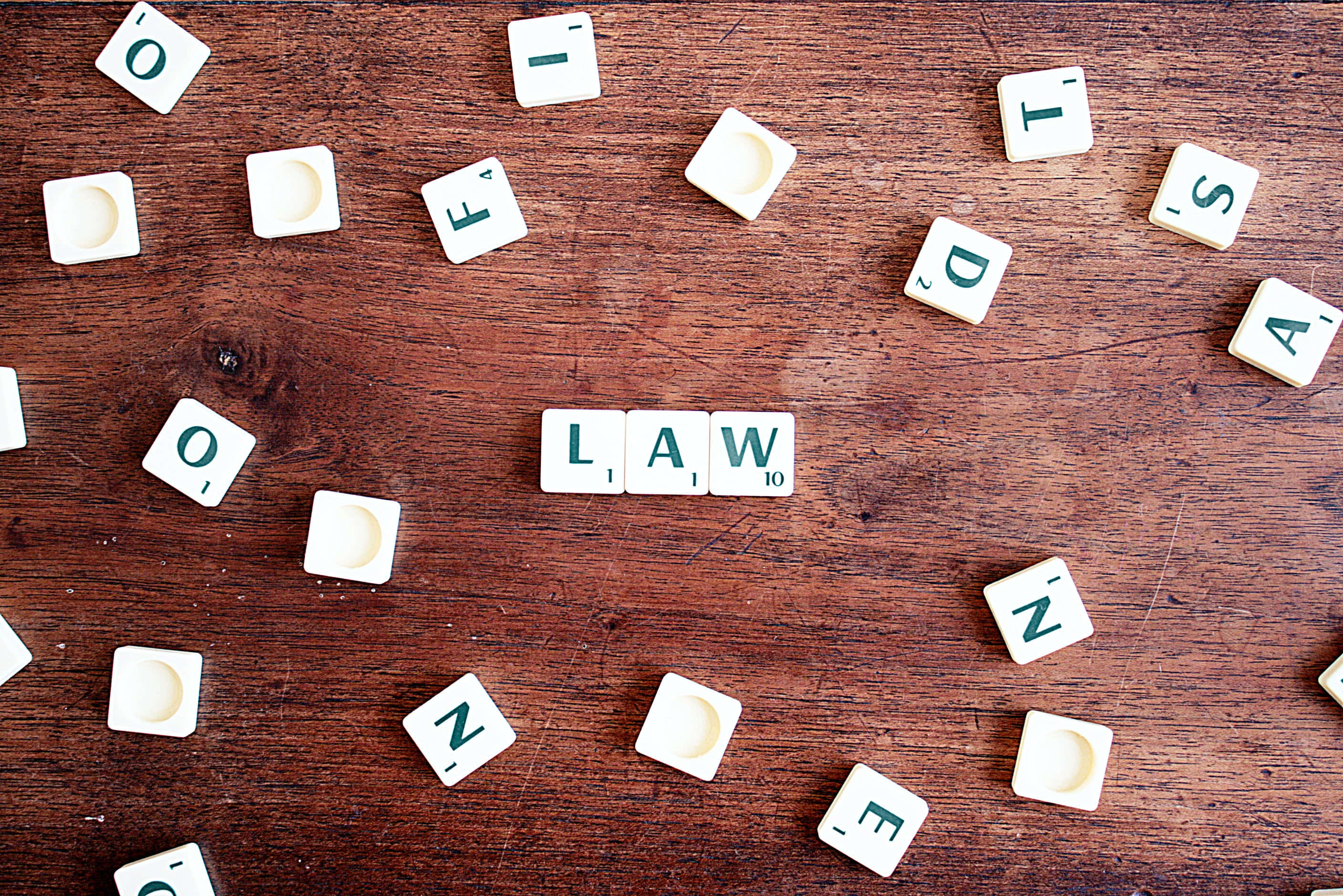 LAW, Scrabble tiles, rustic wooden table, 2K Desktop Wallpaper