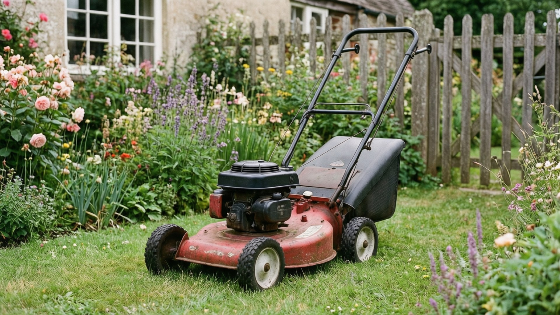 vintage reel mower, cottage garden, flowers, Full HD Desktop Wallpaper