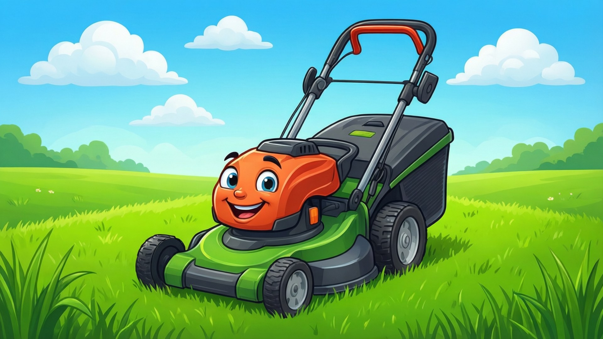Cute Cartoon Mower, smiling face, sunny day, Full HD Desktop Wallpaper