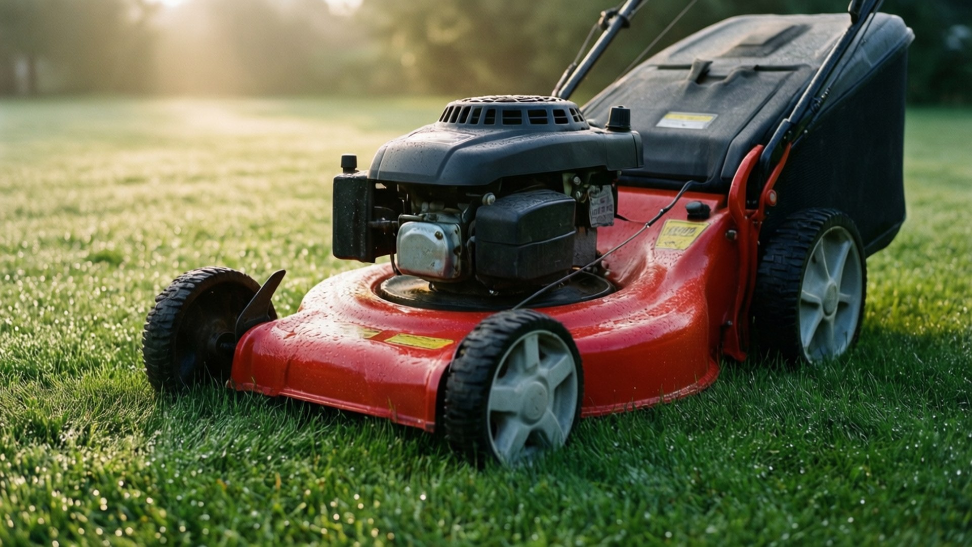 red push lawn mower, dewy grass, morning light, Full HD Desktop Wallpaper