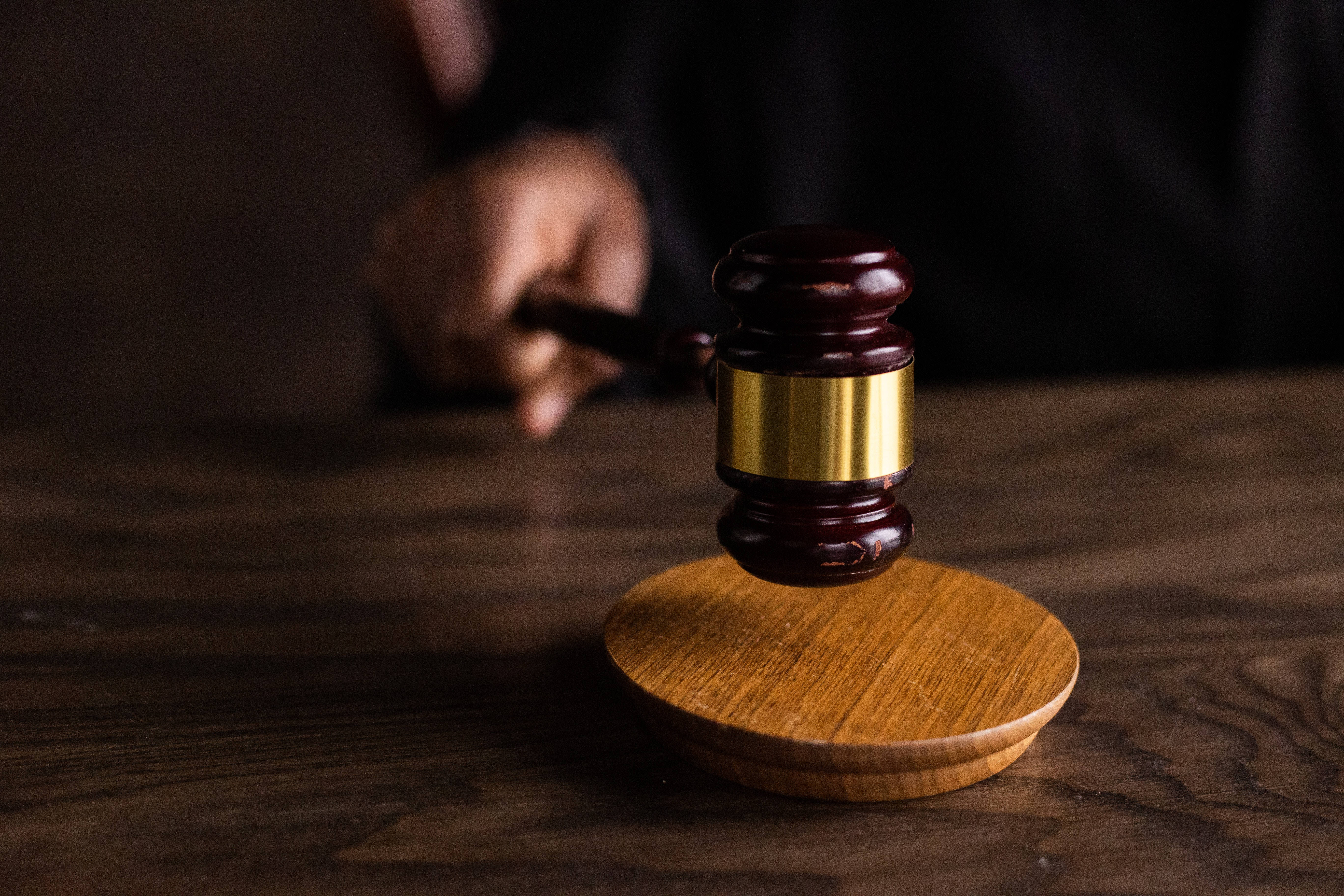 wooden judge's gavel, gold band, dark wood desk, 5K Desktop Wallpaper